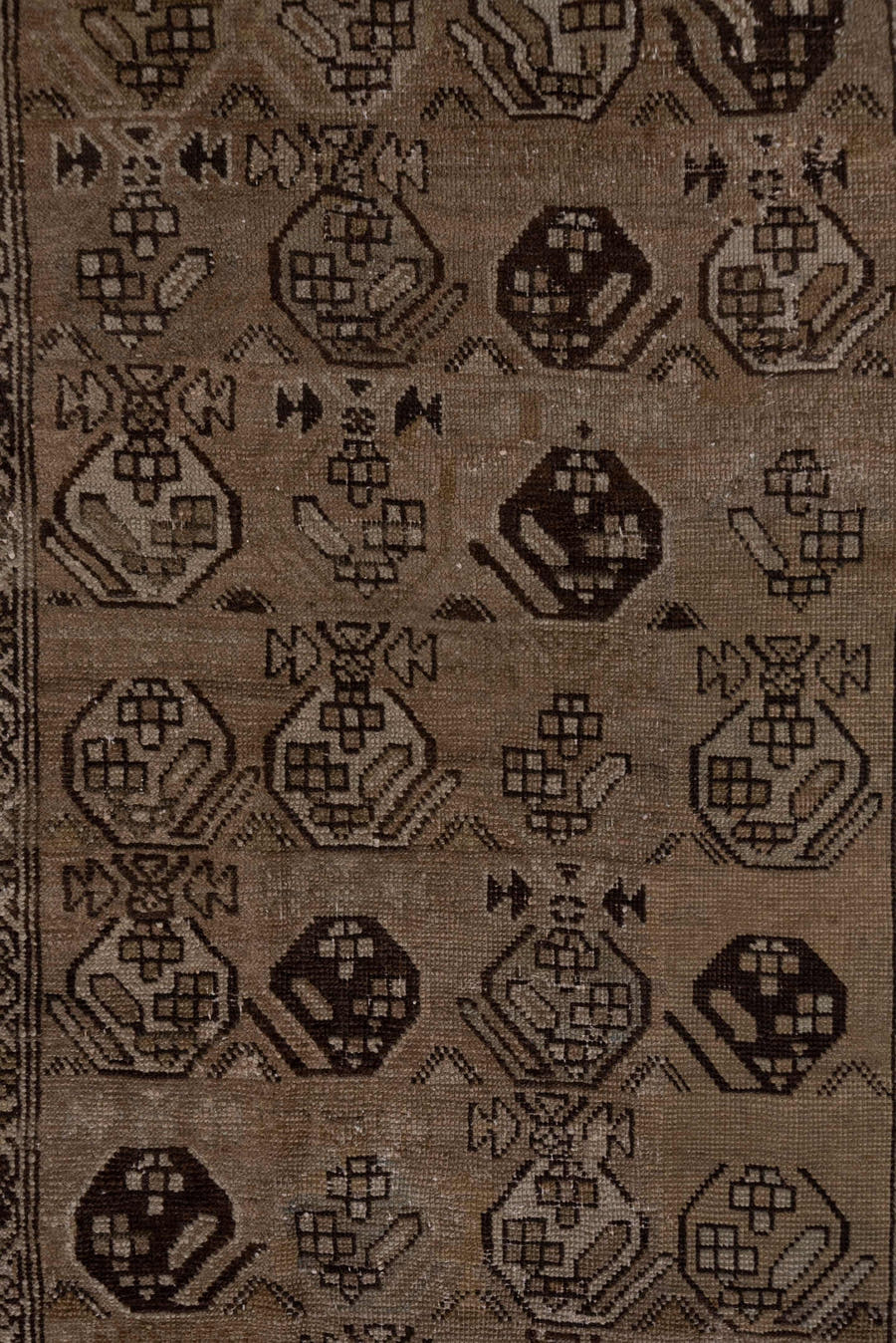 3' x 13' one-of-a-kind handmade antique NW Persian runner rug. Color palette: taupe, brown, charcoal, camel, beige, gray