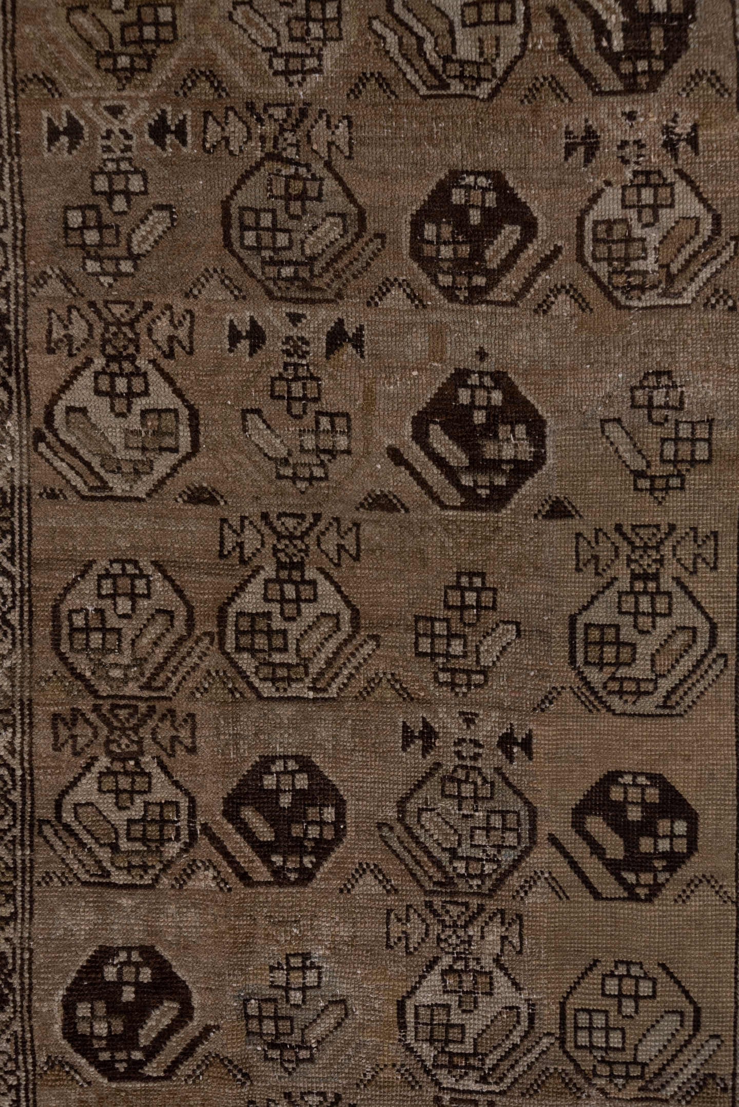 3' x 13' one-of-a-kind handmade antique NW Persian runner rug. Color palette: taupe, brown, charcoal, camel, beige, gray