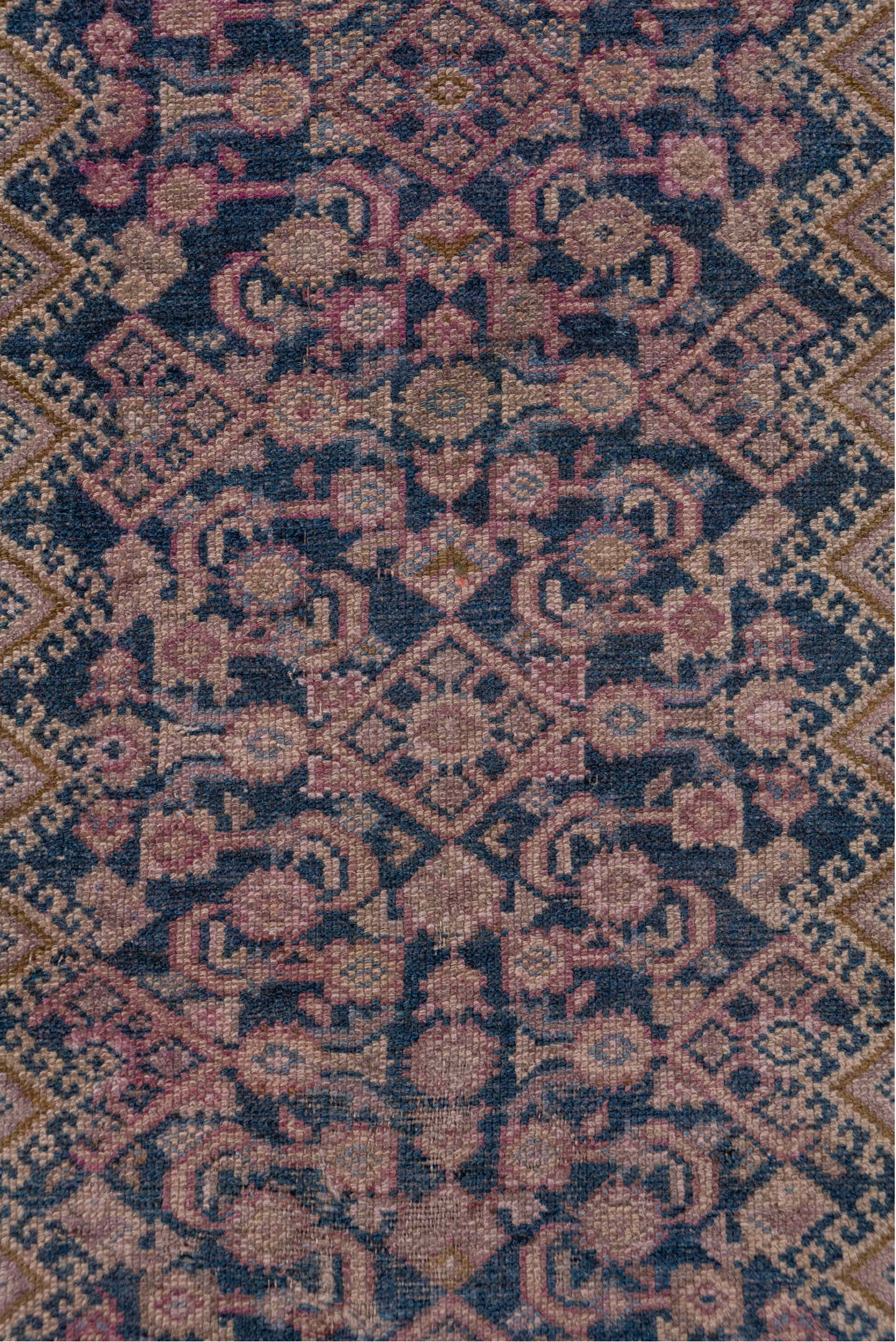 2' x 16' one-of-a-kind handmade antique NW Persian runner rug. Color palette: navy, rose, ivory, dusty pink, taupe, burgundy