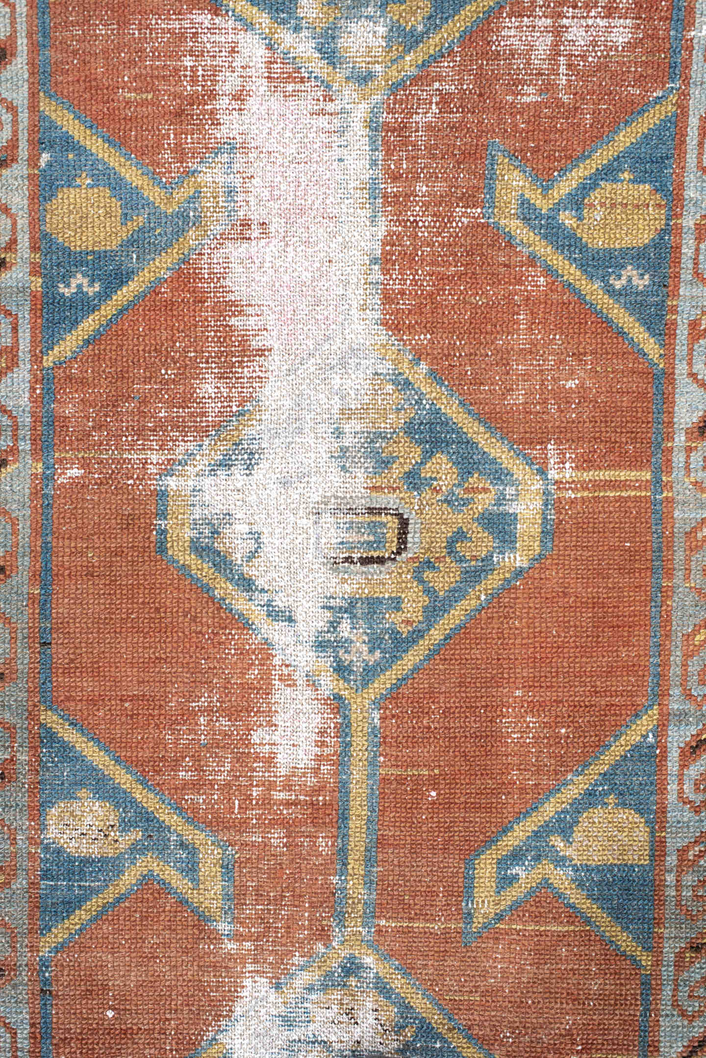 2' x 10' one-of-a-kind handmade antique NW Persian runner rug. Color palette: terra cotta, blue, ivory, camel, taupe, sage