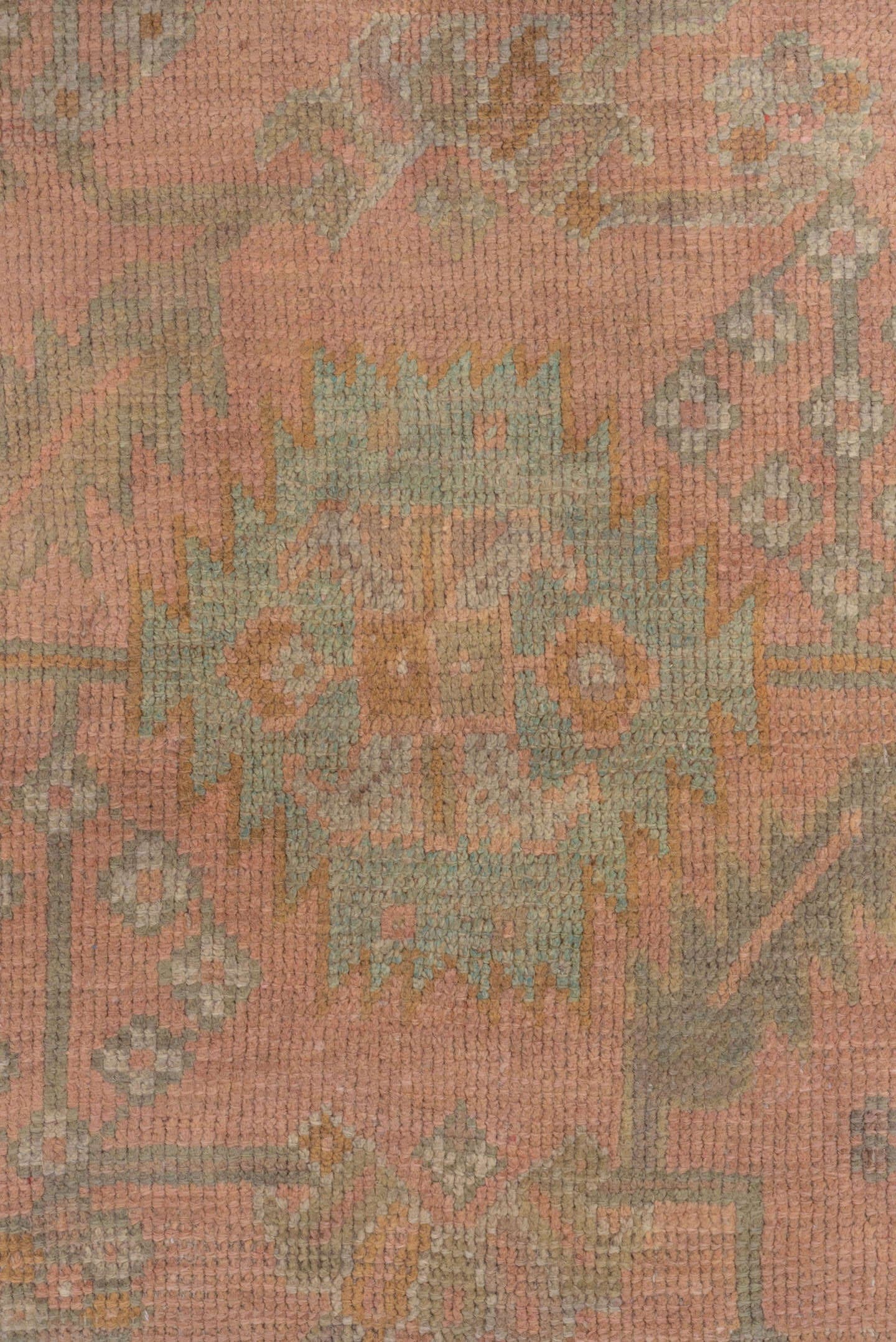 3' x 6' one-of-a-kind handmade antique Oushak small size rug. Color palette: rose, taupe, sage, ivory, ochre, terra cotta