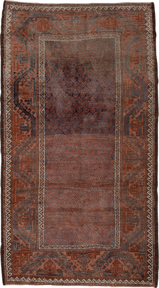 3' x 6' one-of-a-kind handmade antique Belouch small size rug. Color palette: rust, indigo, ivory, brown, charcoal