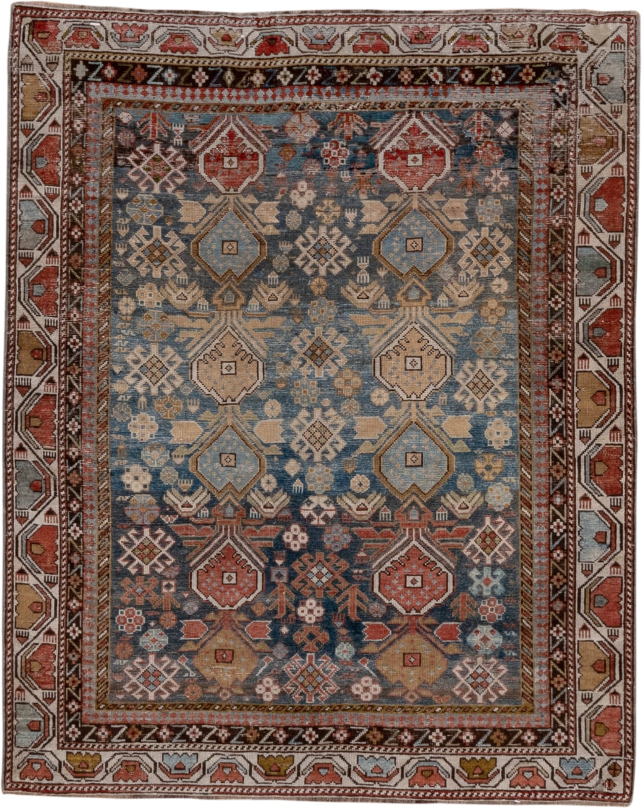 4' x 4' one-of-a-kind handmade antique Shirvan small size rug. Color palette: light blue, ivory, rust, brown, camel, navy