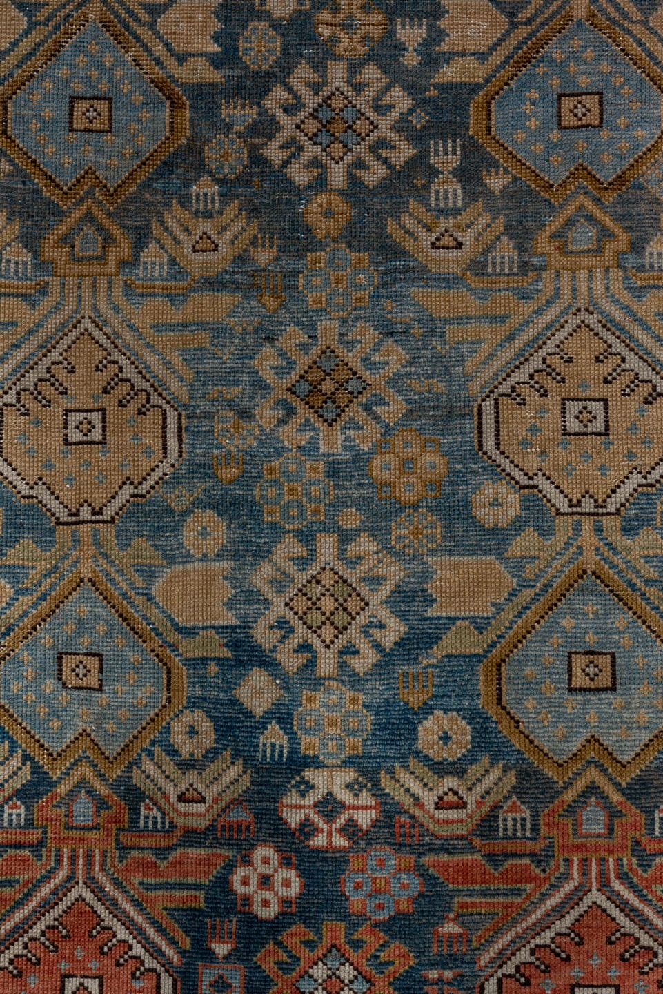 4' x 4' one-of-a-kind handmade antique Shirvan small size rug. Color palette: light blue, ivory, rust, brown, camel, navy