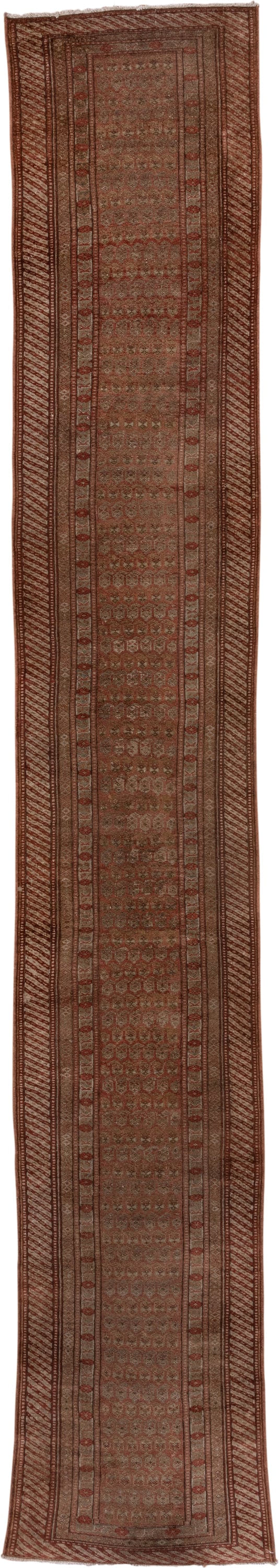 2' x 17' one-of-a-kind handmade antique NW Persian runner rug. Color palette: rust, camel, terra cotta, brown, taupe, ivory