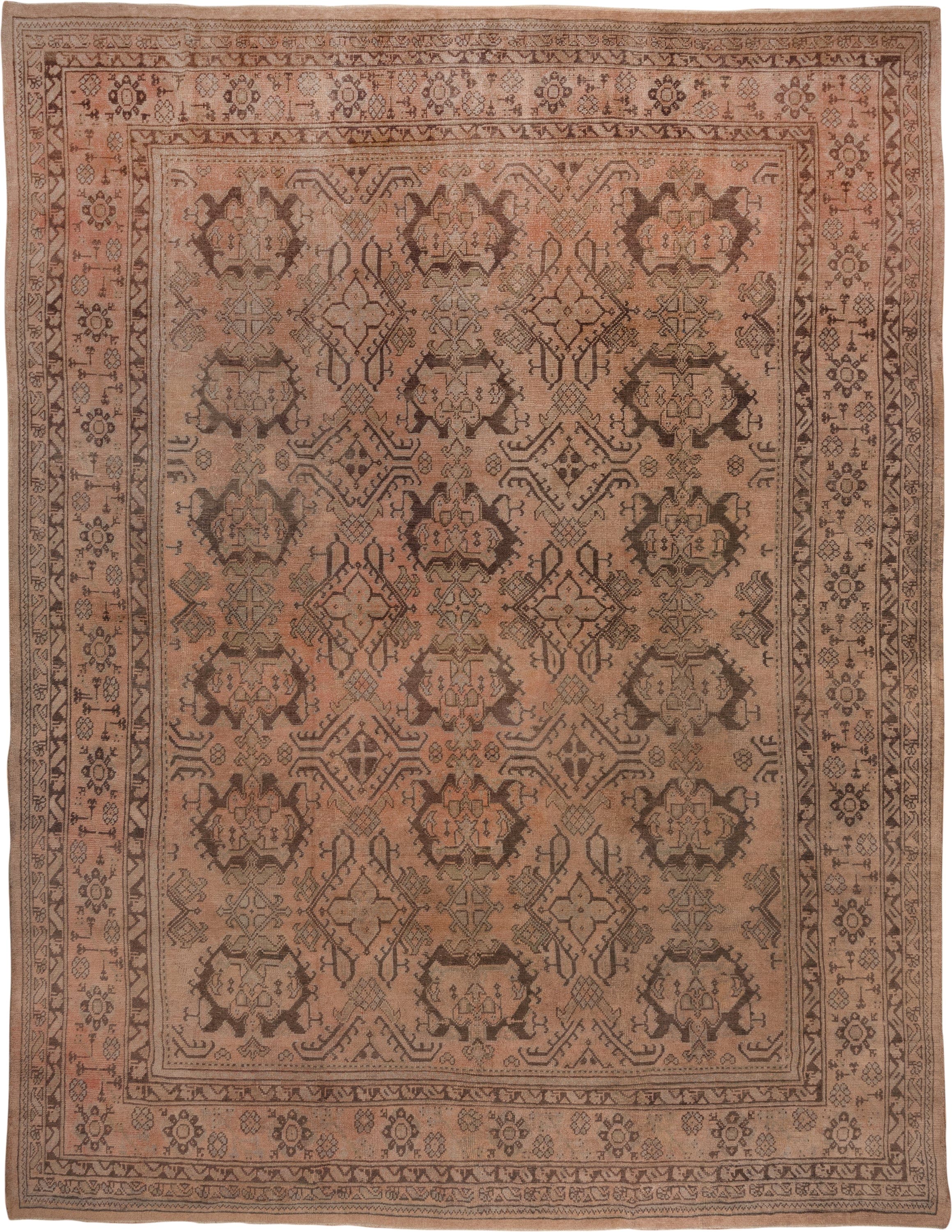 13' x 17' one-of-a-kind handmade antique Oushak oversize rug. Color palette: taupe, blush, brown, camel, rose, charcoal