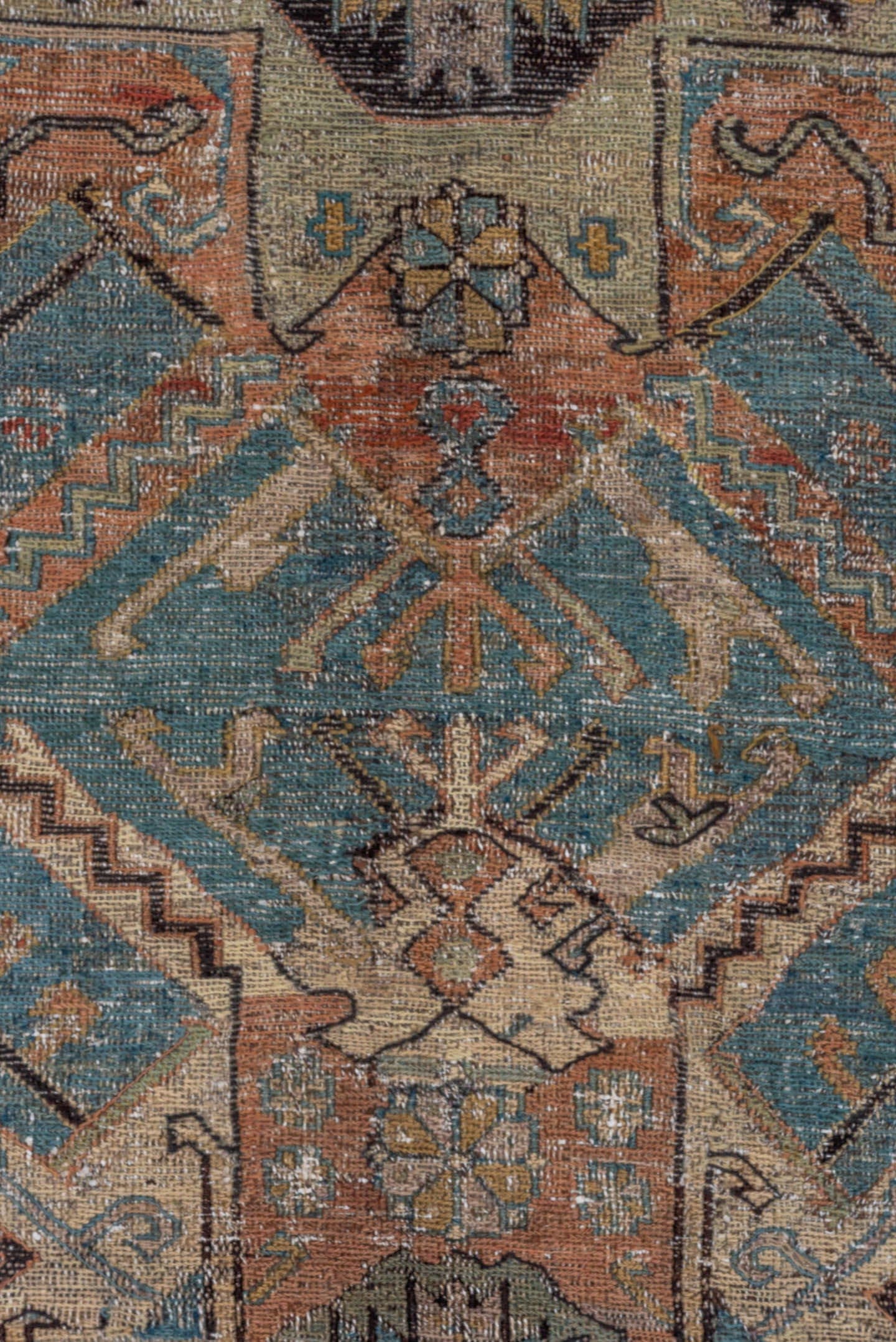5' x 10' one-of-a-kind handmade antique Sumak medium size rug. Color palette: sky blue, ivory, rust, slate, camel, charcoal