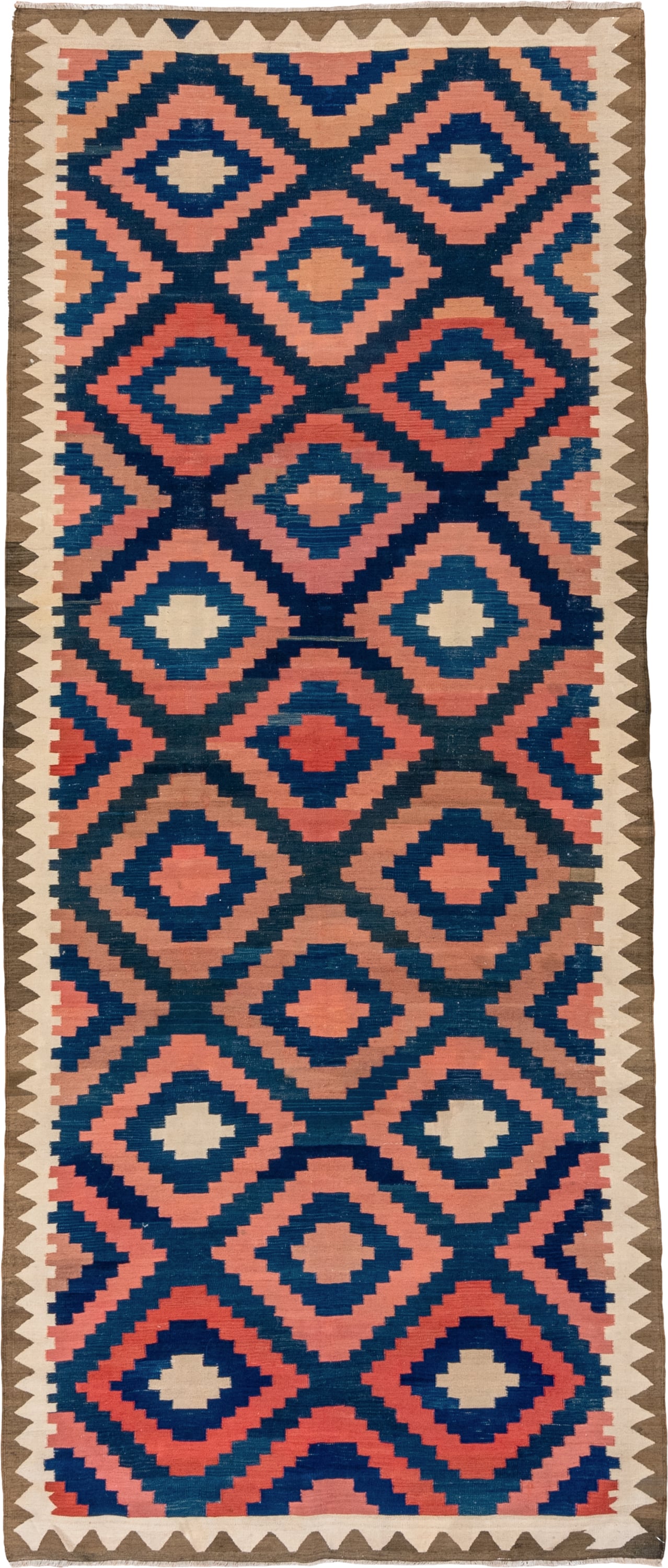 4' x 10' one-of-a-kind handmade antique Kilim runner rug. Color palette: navy, coral, ivory, taupe, rust, blue, terracotta