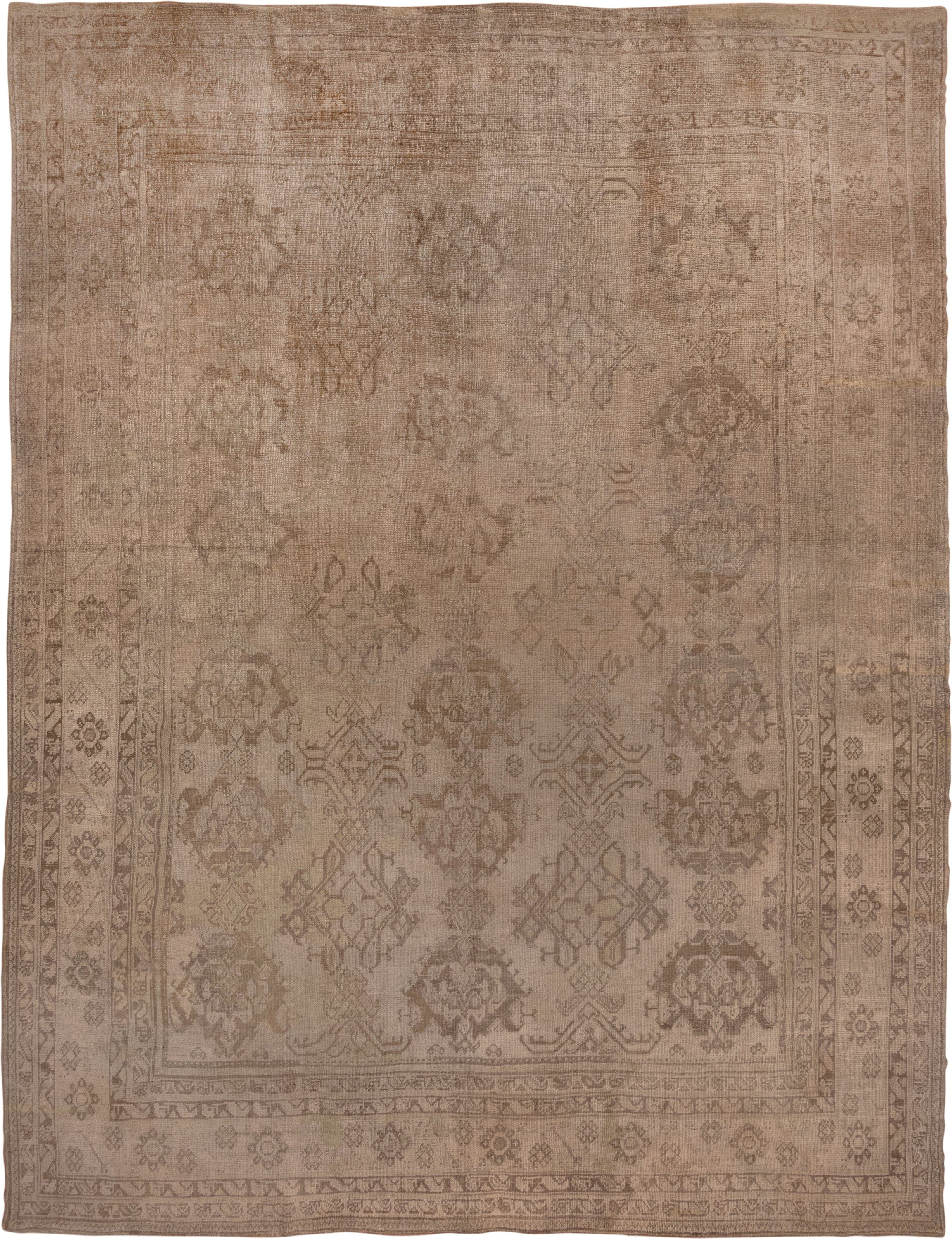 13' x 17' one-of-a-kind handmade antique Oushak oversize rug. Color palette: taupe, beige, camel, brown, ivory, gray