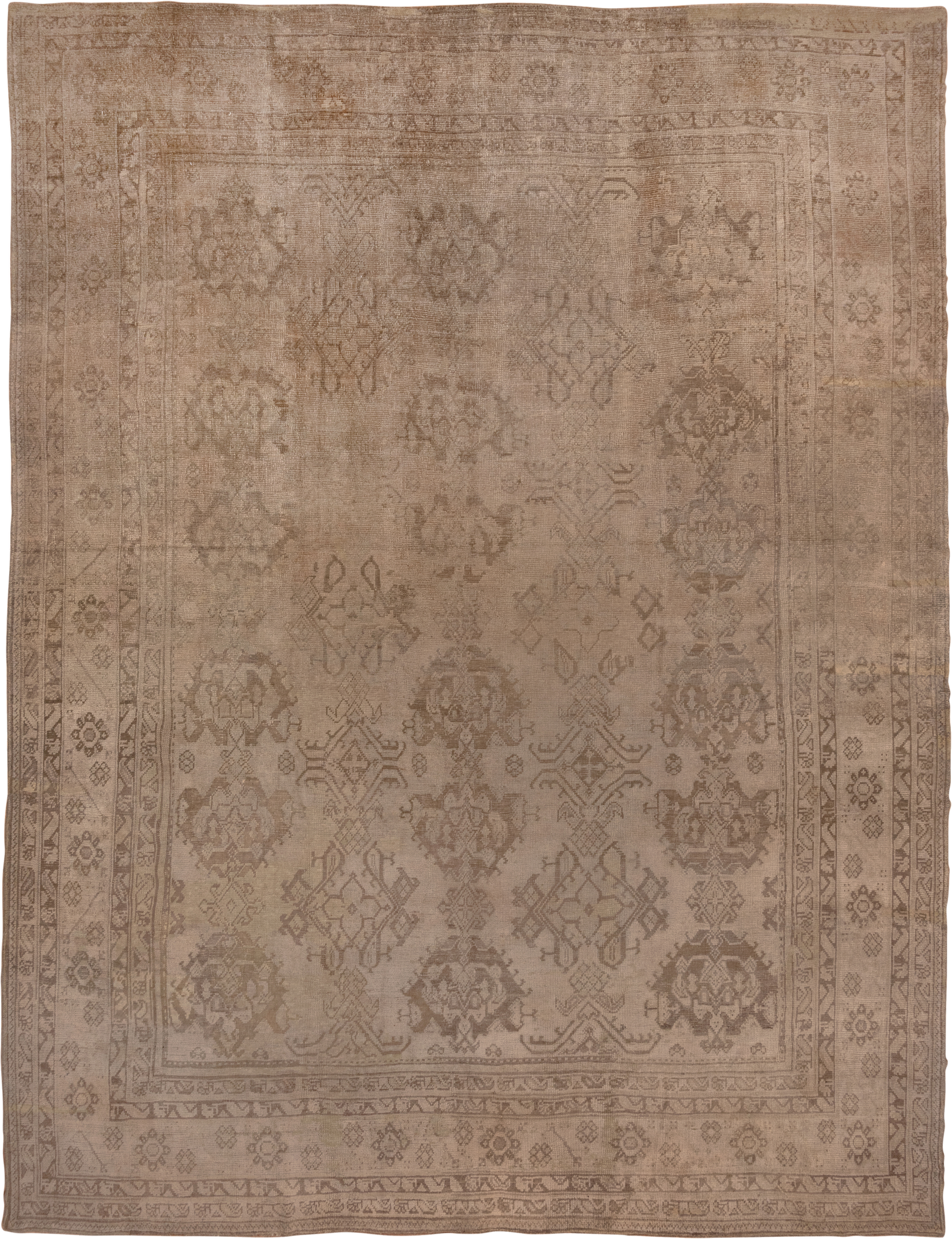 13' x 17' one-of-a-kind handmade antique Oushak oversize rug. Color palette: taupe, beige, camel, brown, ivory, gray