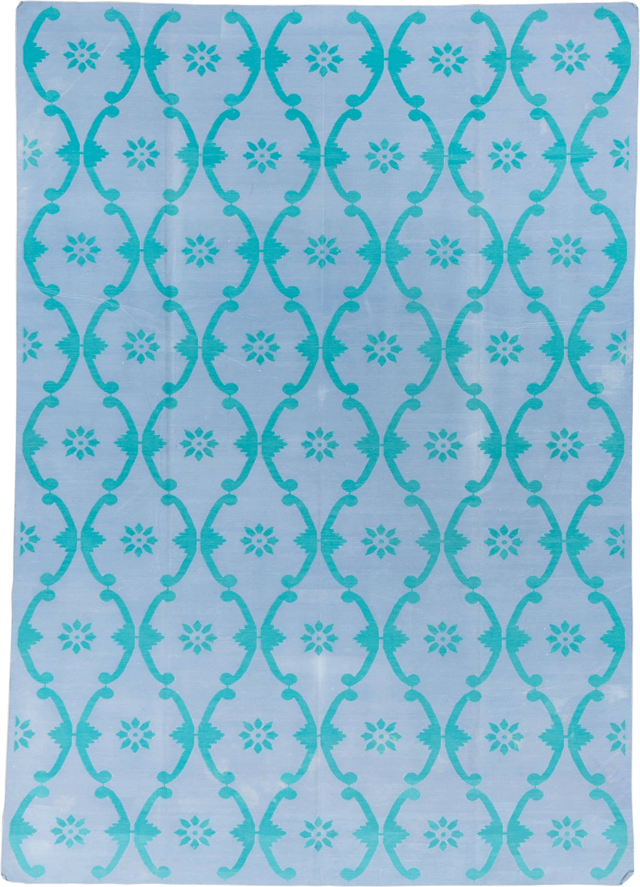 7' x 10' one-of-a-kind handmade vintage Dhurrie large size rug. Color palette: pale blue, turquoise, aqua, light blue, teal