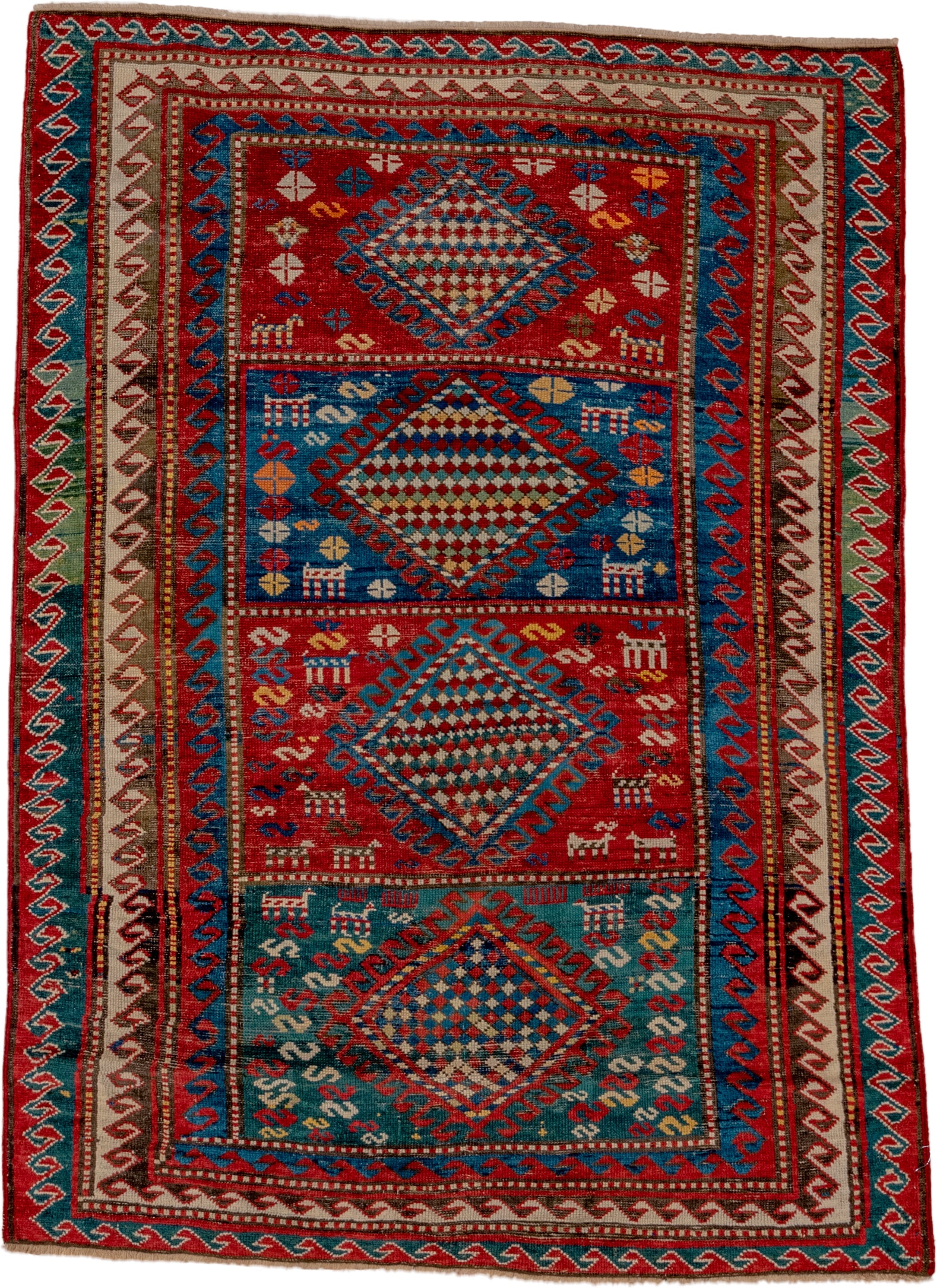 3' x 5' one-of-a-kind handmade antique Caucasian small size rug. Color palette: red, turquoise, ivory, blue, burgundy, camel