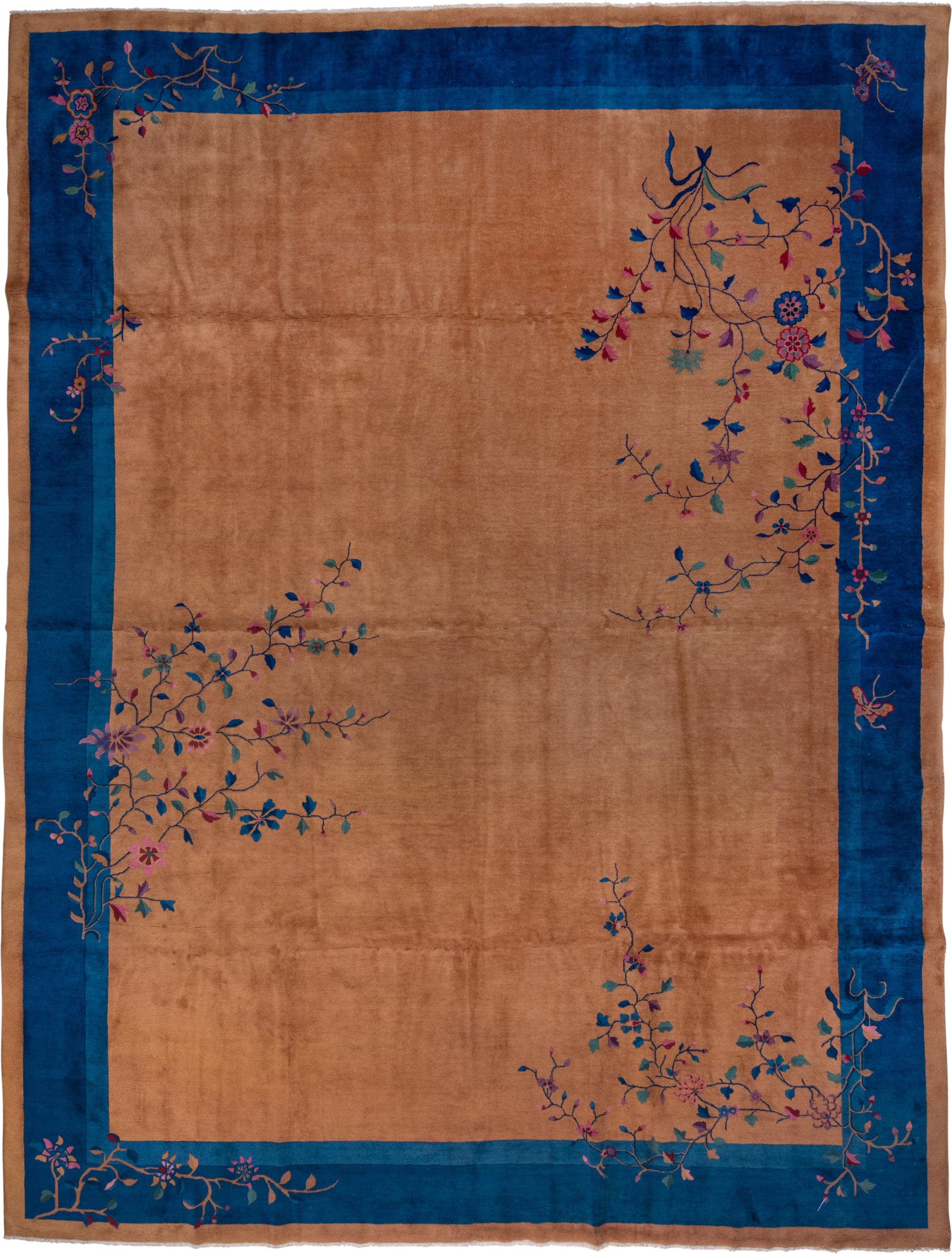 12' x 15' one-of-a-kind handmade antique Chinese oversize rug. Color palette: camel, cobalt, tan, rose, teal, violet