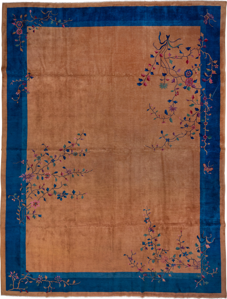 12' x 15' one-of-a-kind handmade vintage Chinese oversize rug. Color palette: blue, brown, gray, red