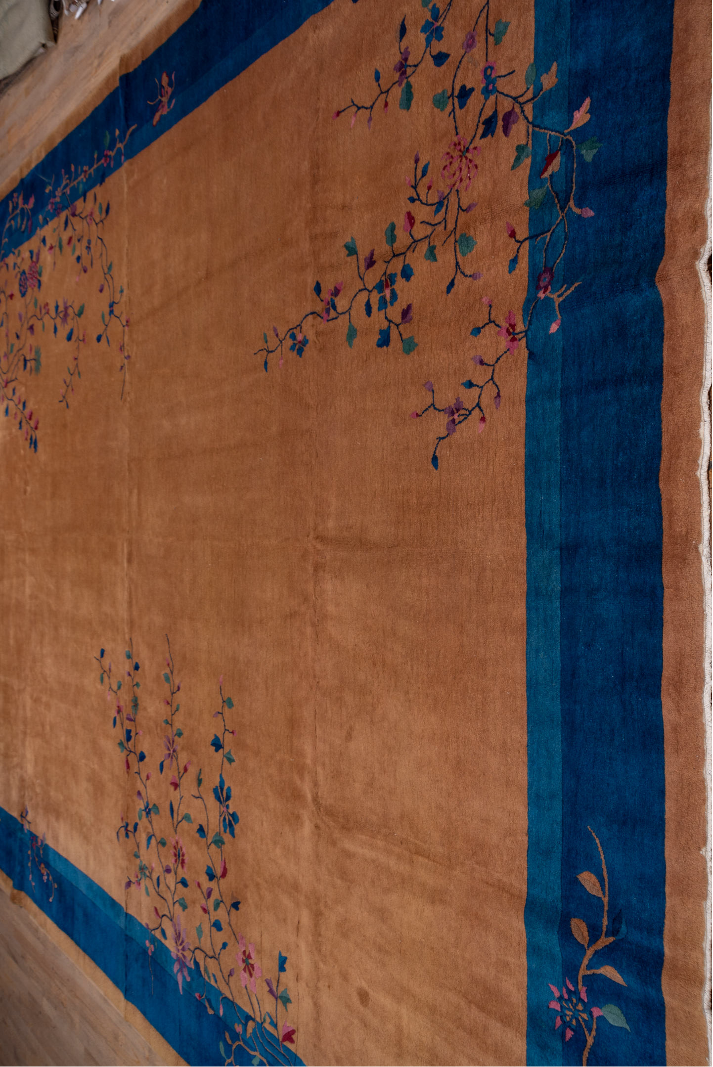 12' x 15' one-of-a-kind handmade vintage Chinese oversize rug. Color palette: blue, brown, gray, red