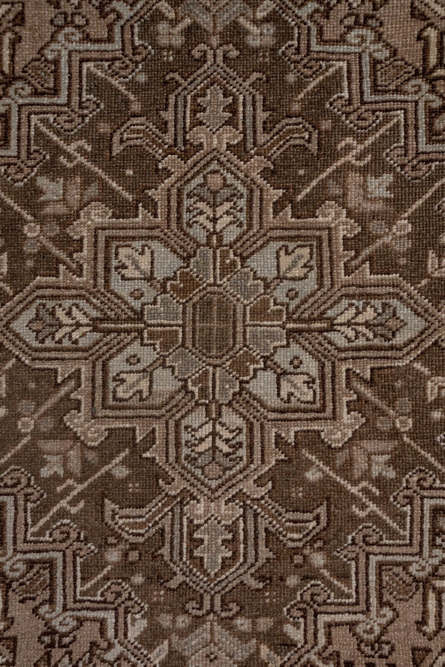 7' x 9' one-of-a-kind handmade vintage Heriz rug. Color palette: taupe, brown, ivory, charcoal, camel, greige, beige, gray