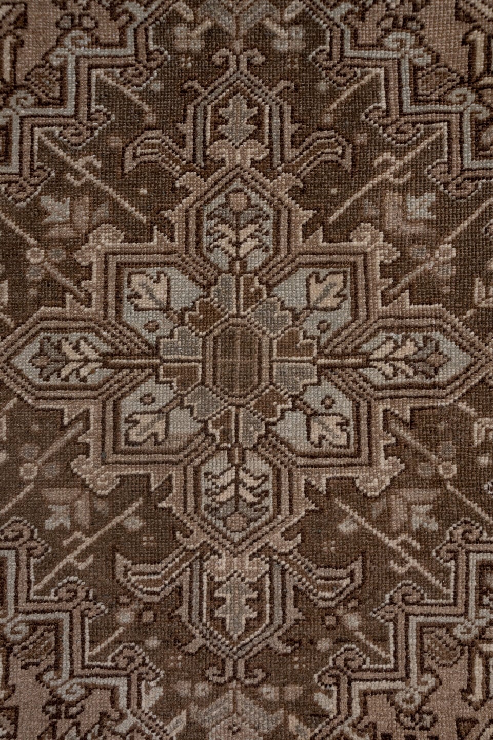 7' x 9' one-of-a-kind handmade vintage Heriz rug. Color palette: taupe, brown, ivory, charcoal, camel, greige, beige, gray