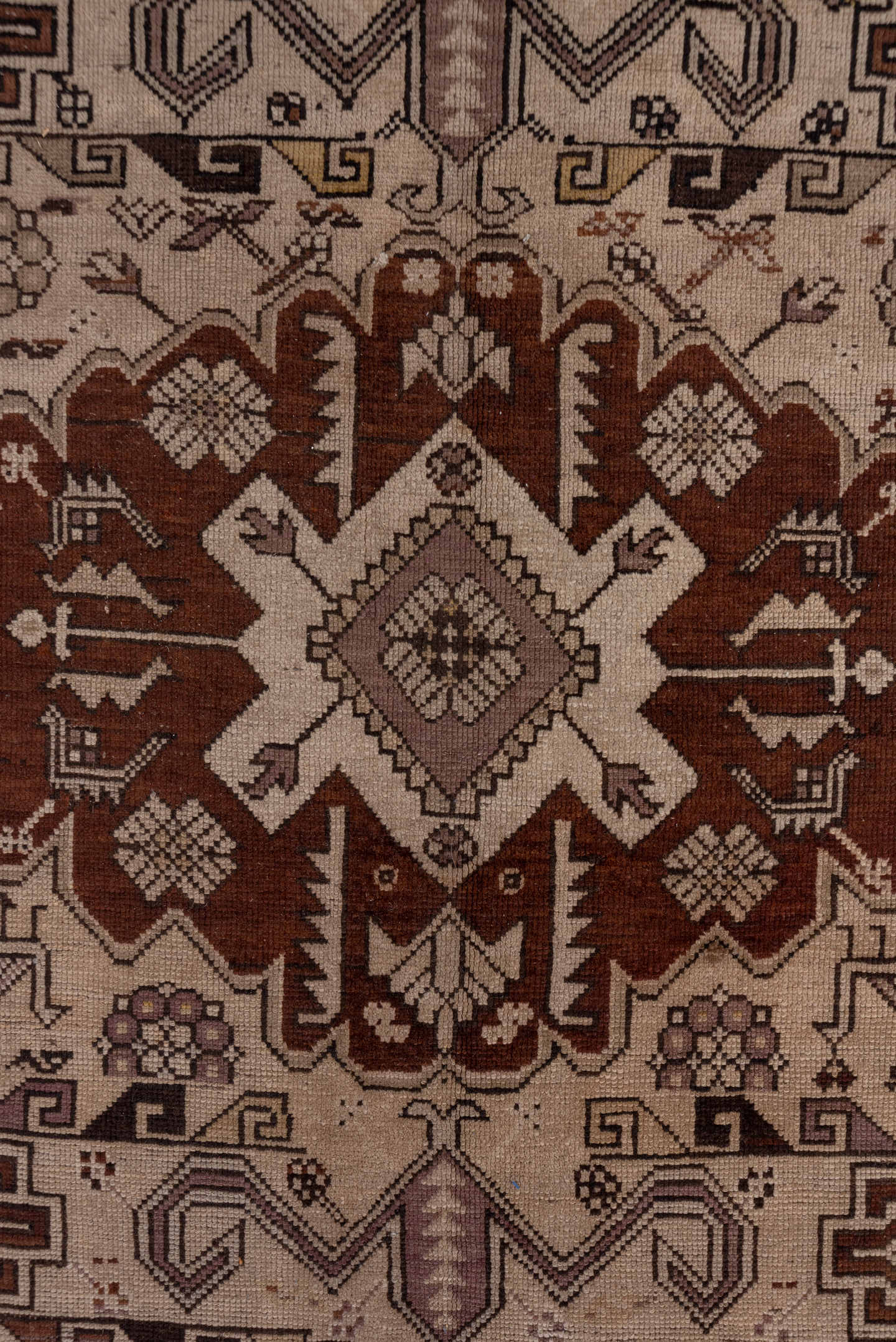 6' x 12' one-of-a-kind handmade antique Karabagh large size rug. Color palette: ivory, brown, rust, taupe, charcoal, camel