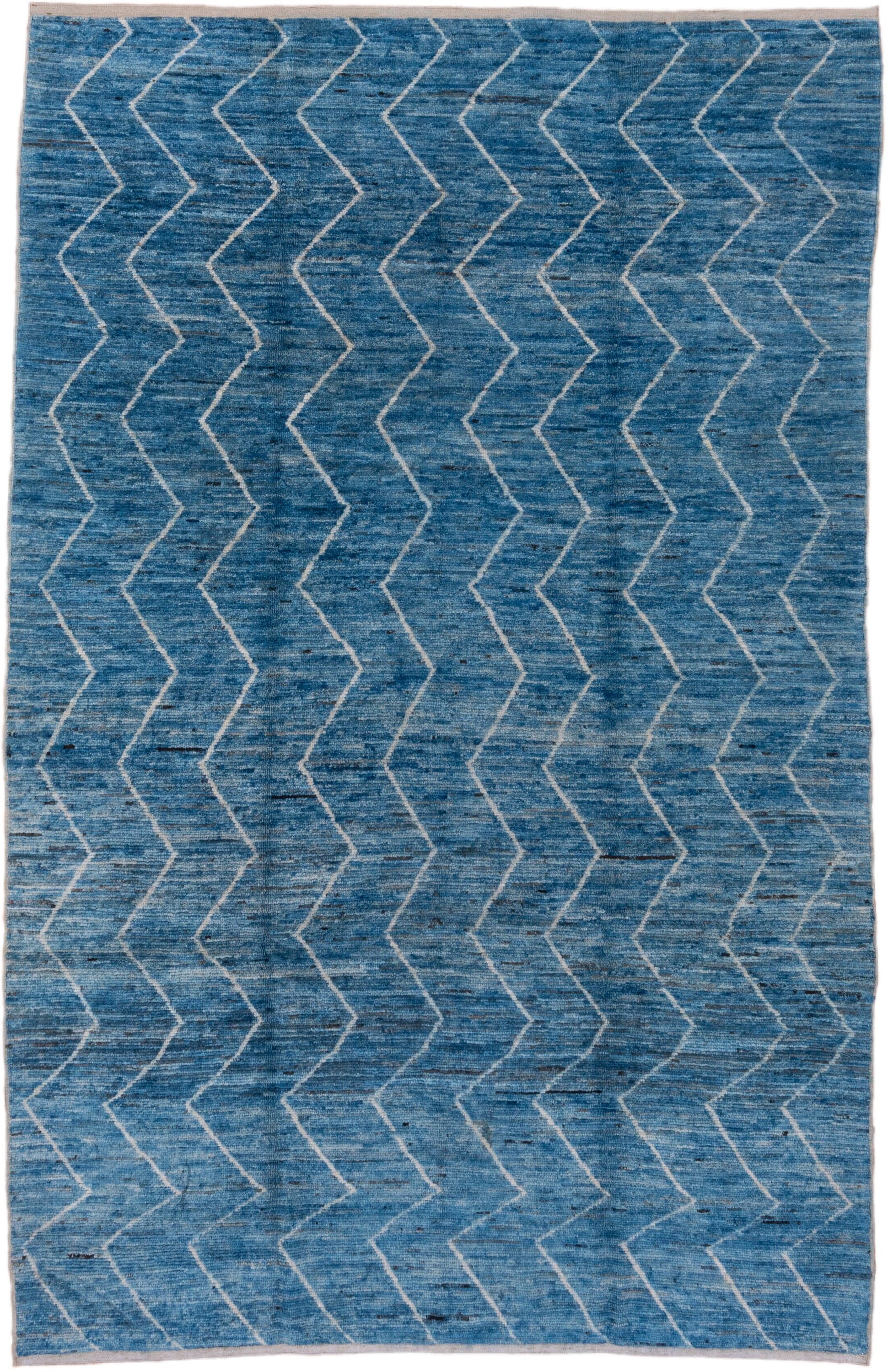 6' x 10' one-of-a-kind handmade vintage Moroccan large size rug. Color palette: blue, ivory, slate, charcoal, gray, black
