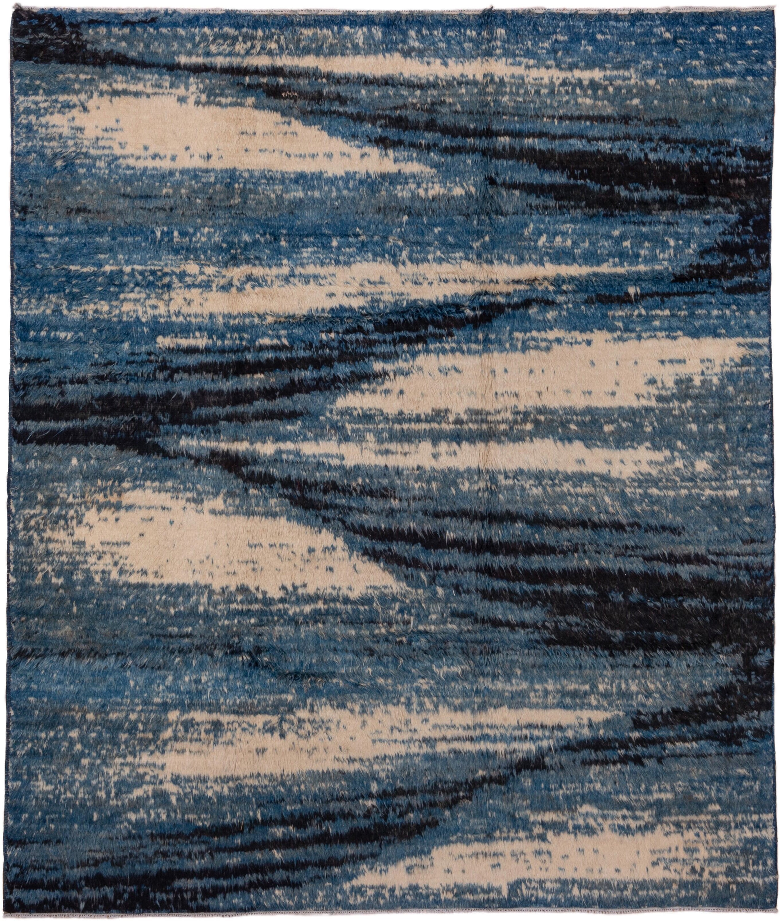 8' x 9' one-of-a-kind handmade vintage Moroccan rug. Color palette: blue, ivory, navy, charcoal, gray, black