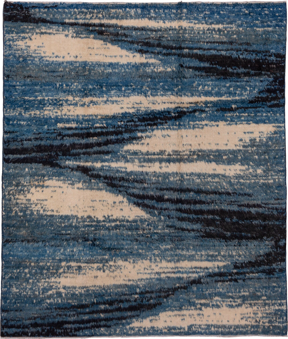 8' x 9' one-of-a-kind handmade vintage Moroccan rug. Color palette: arapawa, black, blue, brown, charcoal, fiord, gray