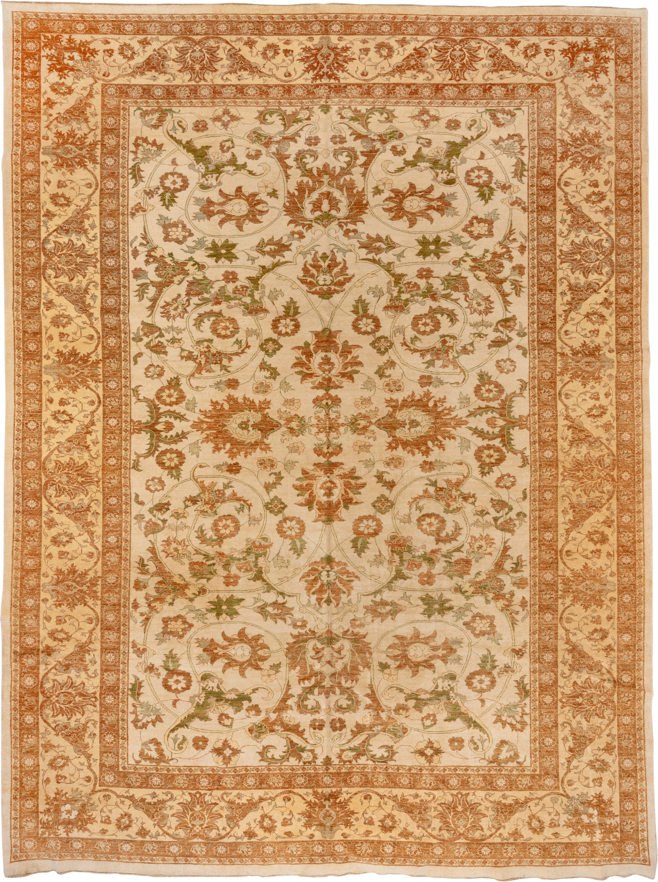 11' x 15' one-of-a-kind handmade vintage Sultanabad oversize rug. Color palette: ivory, terra cotta, sage, camel, taupe