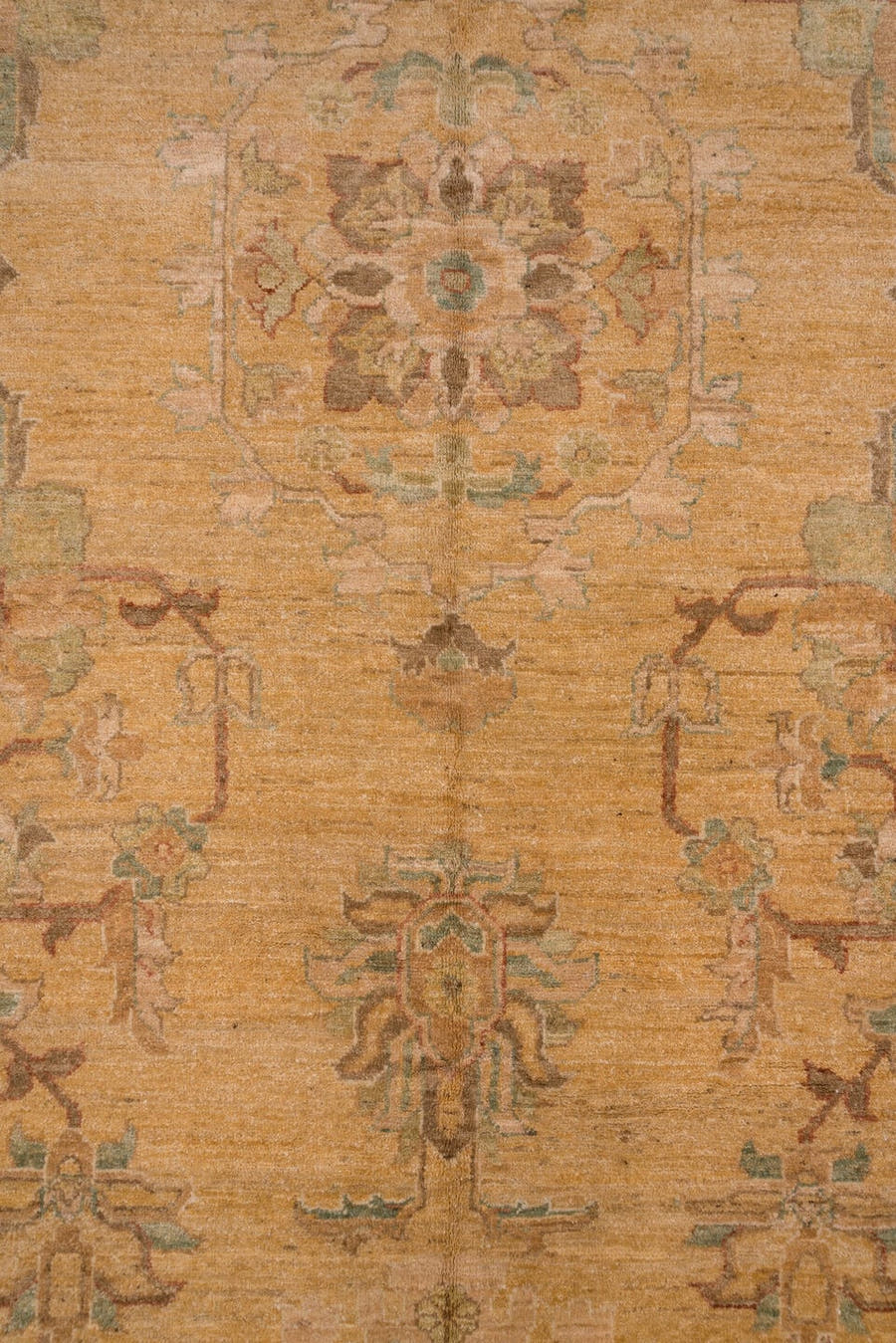 12' x 17' one-of-a-kind handmade vintage Pakistan oversize rug. Color palette: camel, taupe, brown, beige, sage, ivory