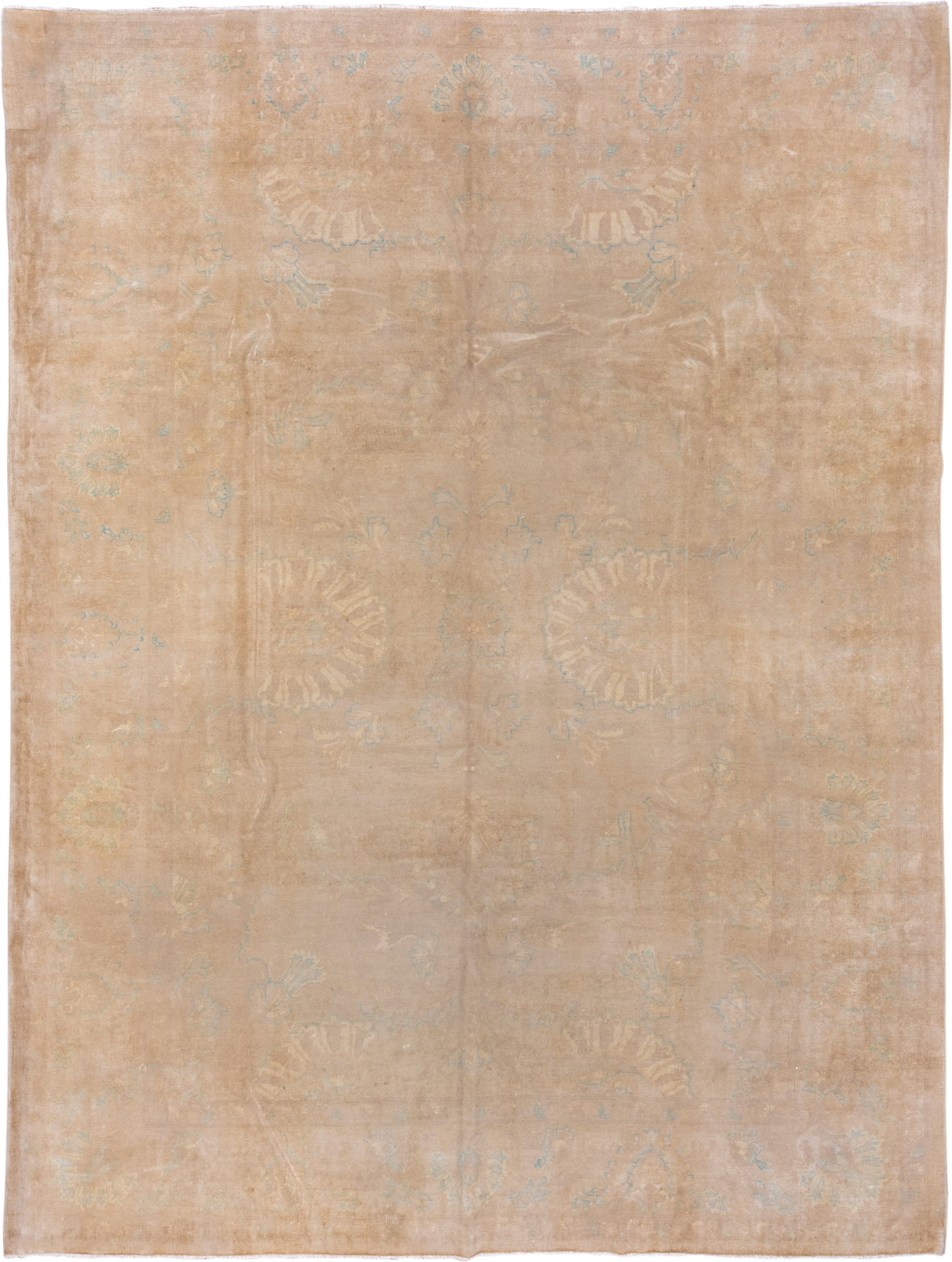 10' x 13' one-of-a-kind handmade vintage Amritzar large size rug. Color palette: beige, camel, ivory, pale aqua, cream