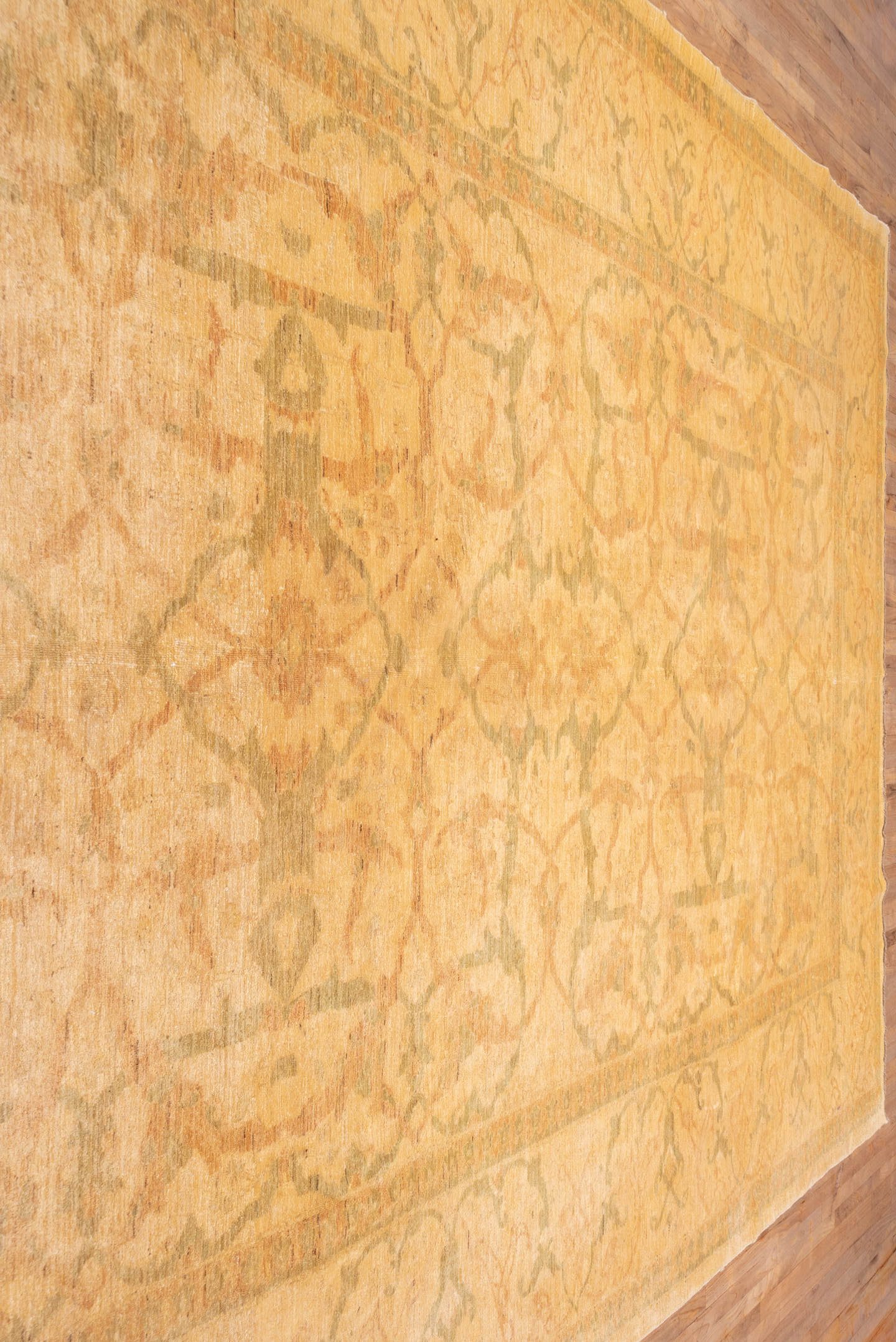 10' x 14' one-of-a-kind handmade vintage Polonase large size rug. Color palette: peach, apricot, ivory, sage, gold, beige