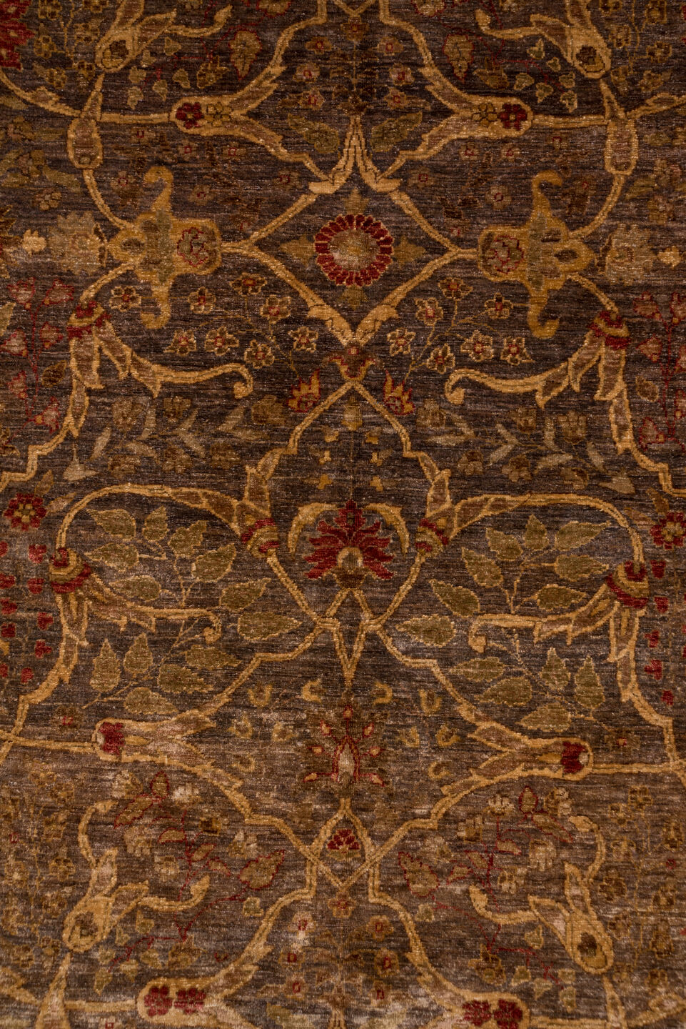 12' x 17' one-of-a-kind handmade vintage Amritzar oversize rug. Color palette: brown, camel, taupe, rust, gold, slate