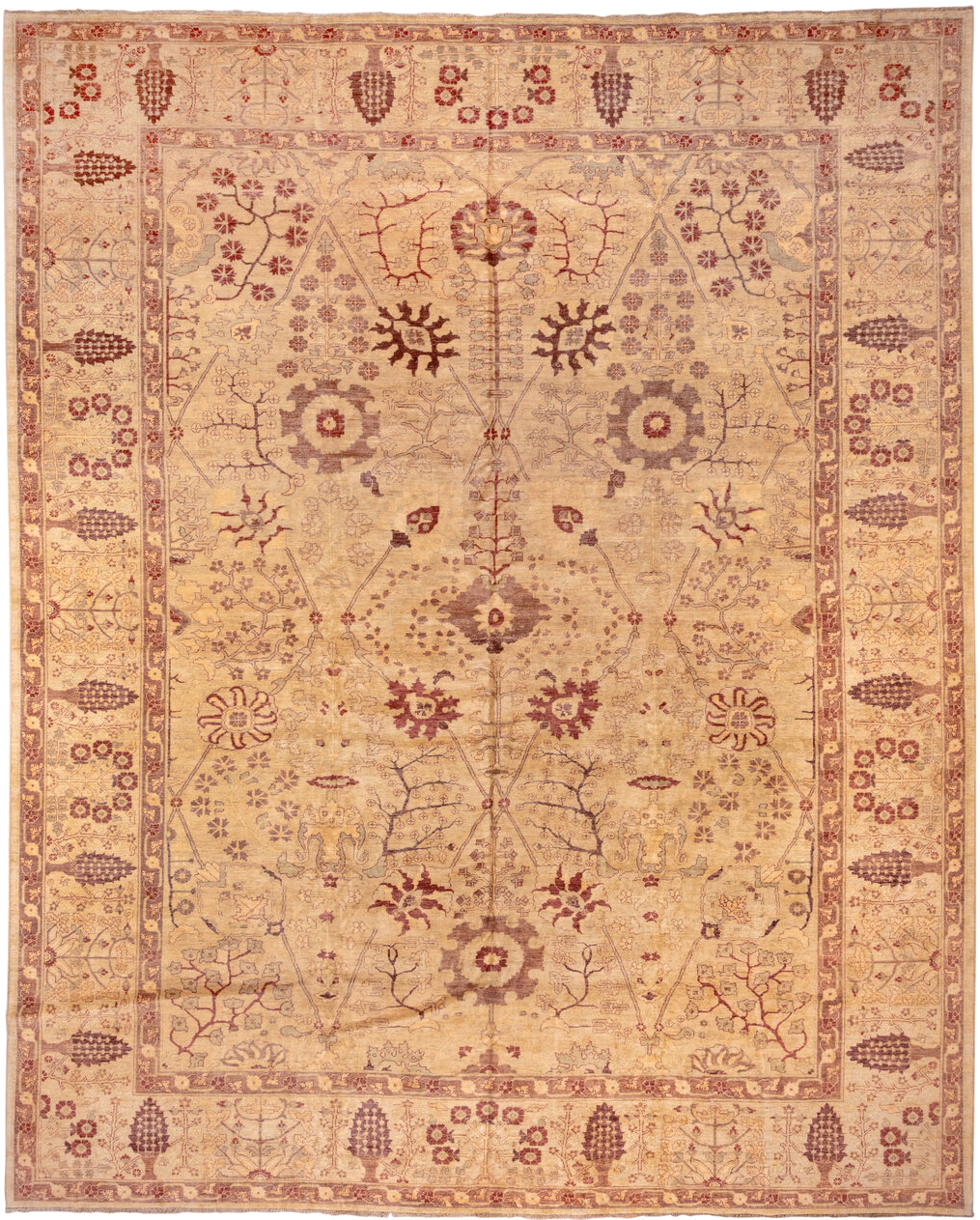 13' x 17' one-of-a-kind handmade vintage Sultanabad oversize rug. Color palette: ivory, taupe, rose, rust, beige, sage