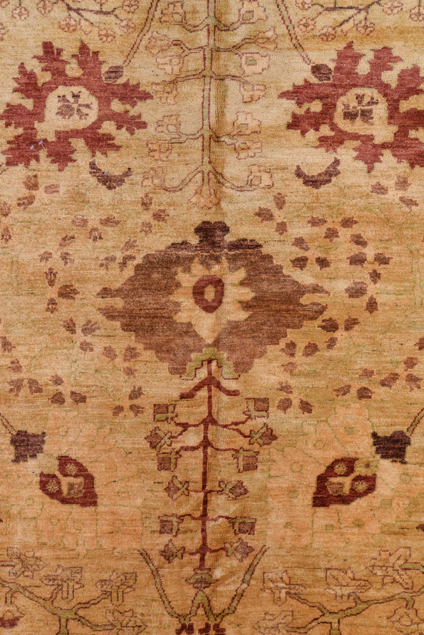 13' x 17' one-of-a-kind handmade vintage Sultanabad oversize rug. Color palette: ivory, taupe, rose, rust, beige, sage