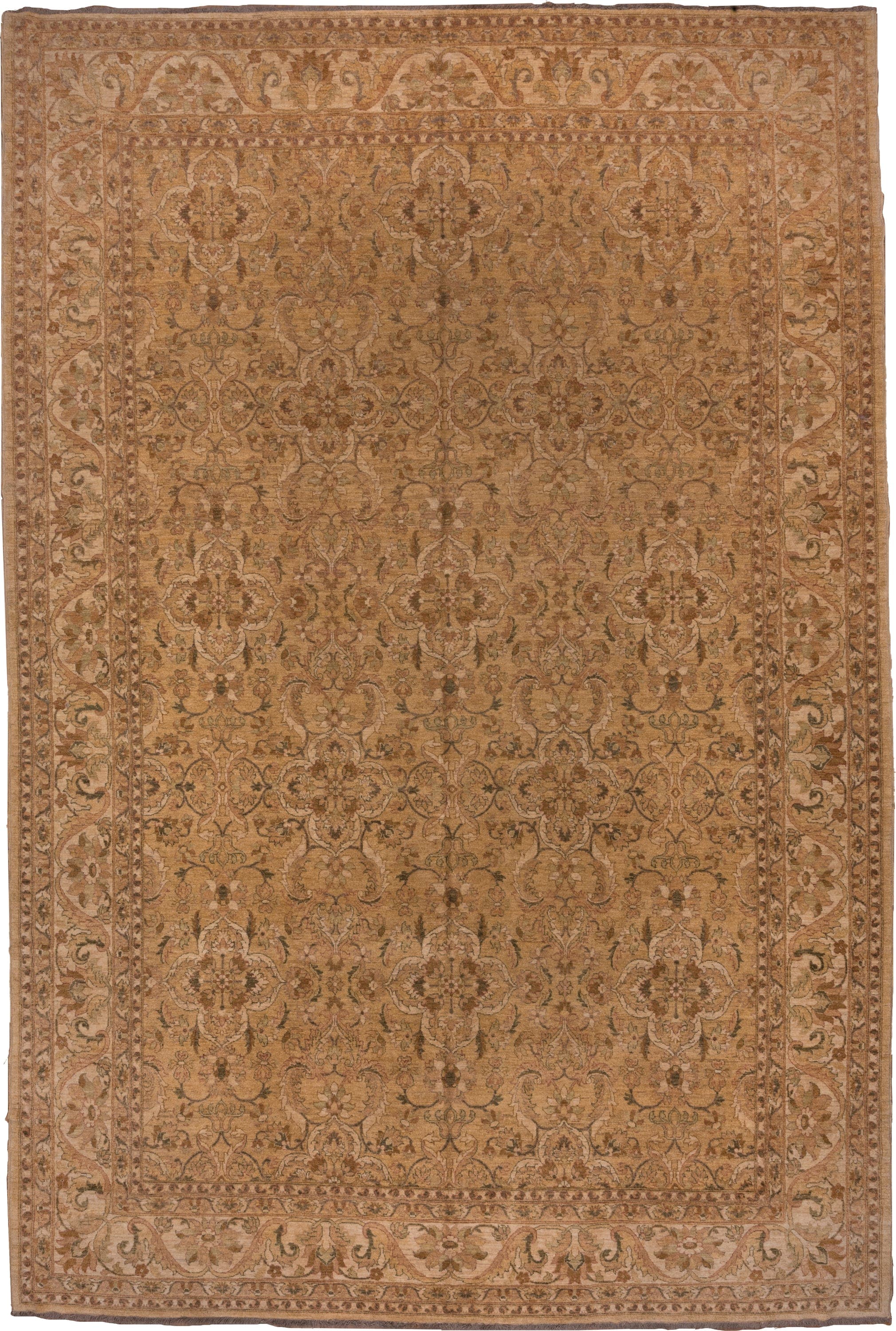 13' x 18' one-of-a-kind handmade vintage Amritzar oversize rug. Color palette: camel, beige, taupe, ivory, tan, sage, brown