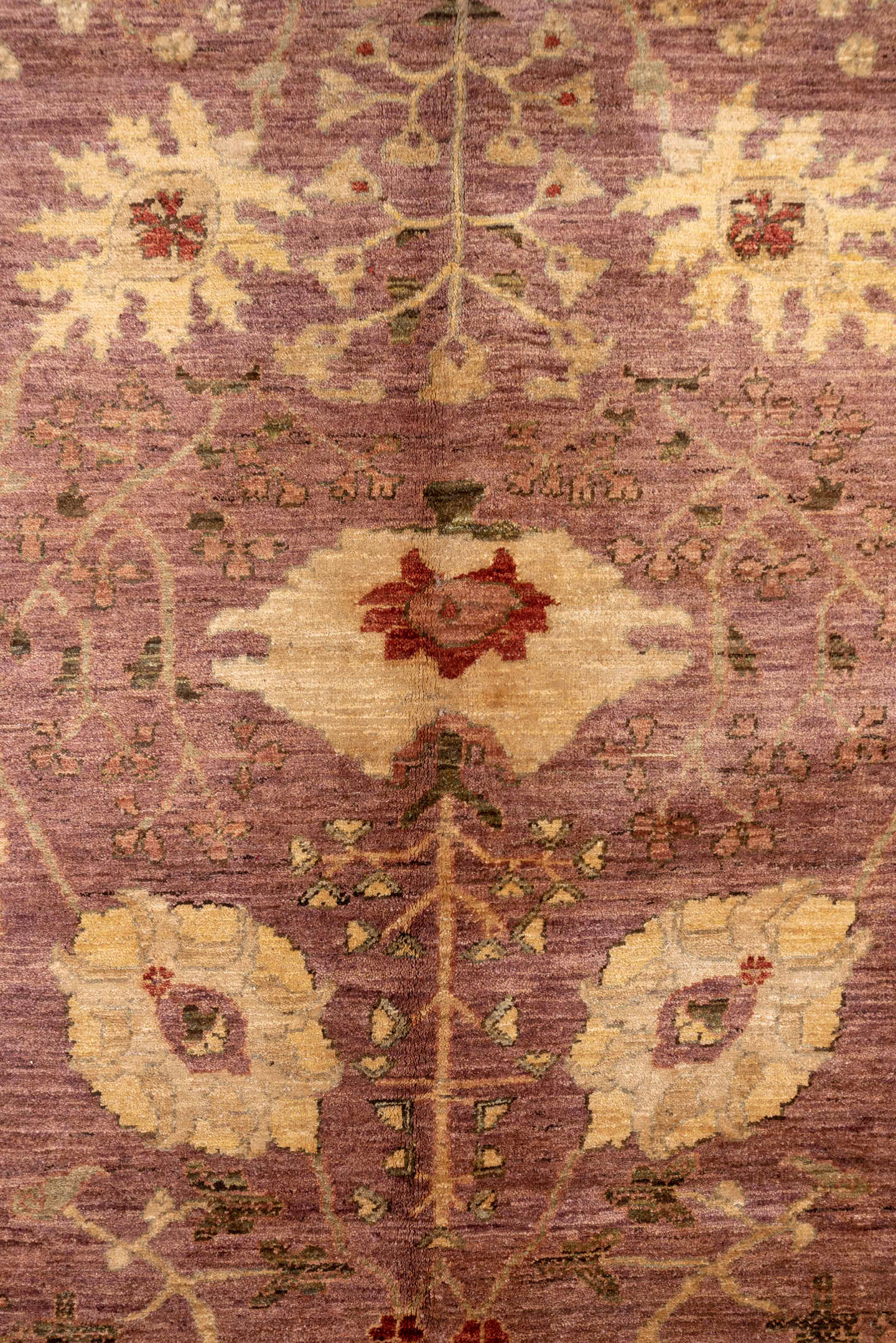 10' x 13' one-of-a-kind handmade vintage Amritzar large size rug. Color palette: lavender, rose, ivory, blush, olive, rust