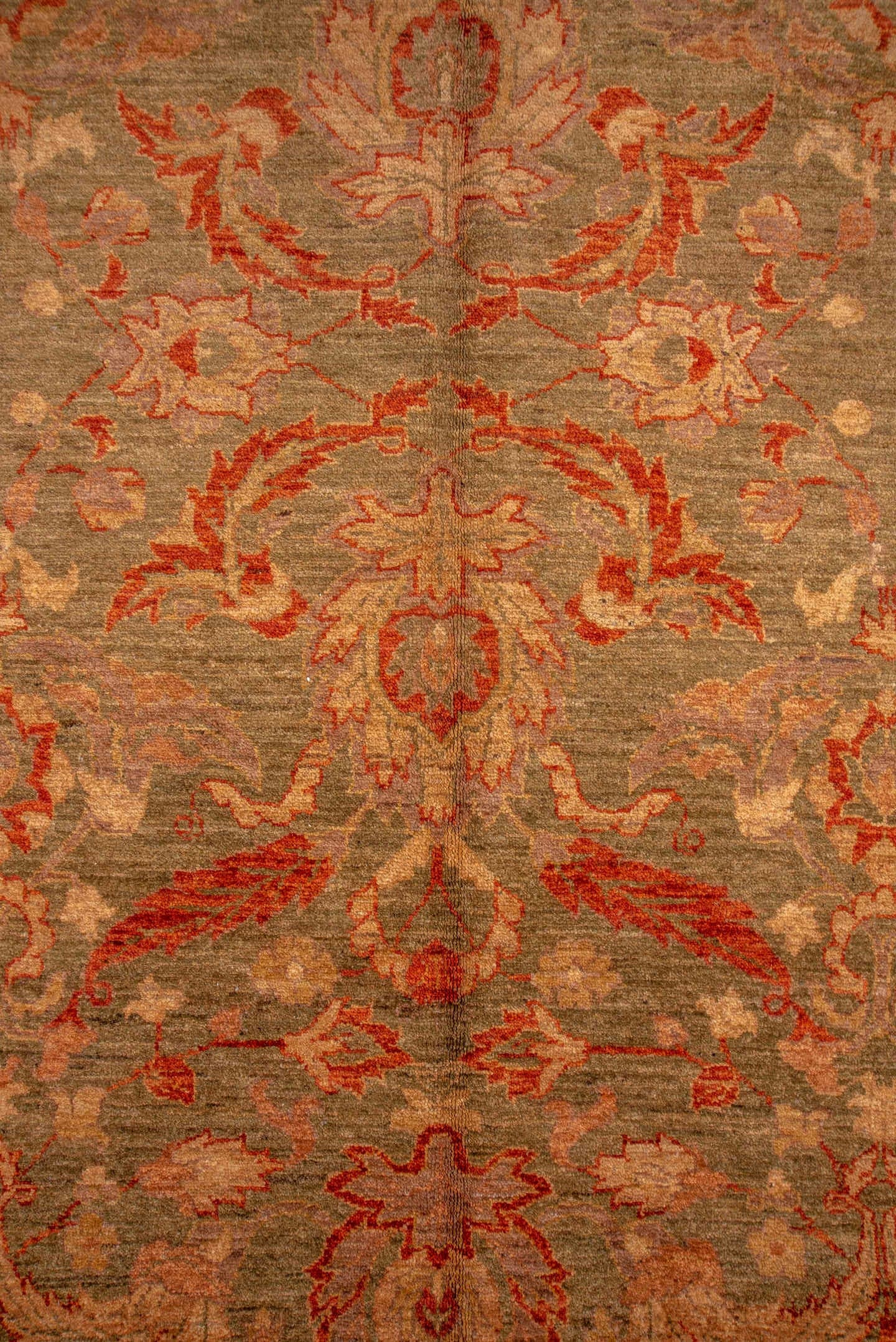 9' x 13' one-of-a-kind handmade vintage Sultanabad large size rug. Color palette: taupe, rust, beige, olive, camel