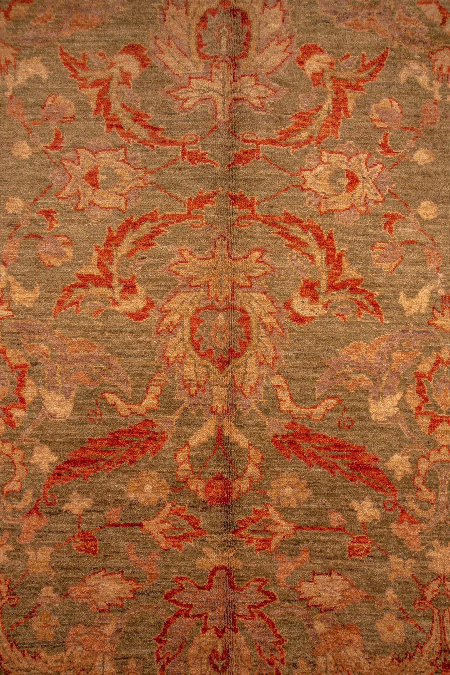 9' x 13' one-of-a-kind handmade vintage Sultanabad large size rug. Color palette: taupe, rust, beige, olive, camel