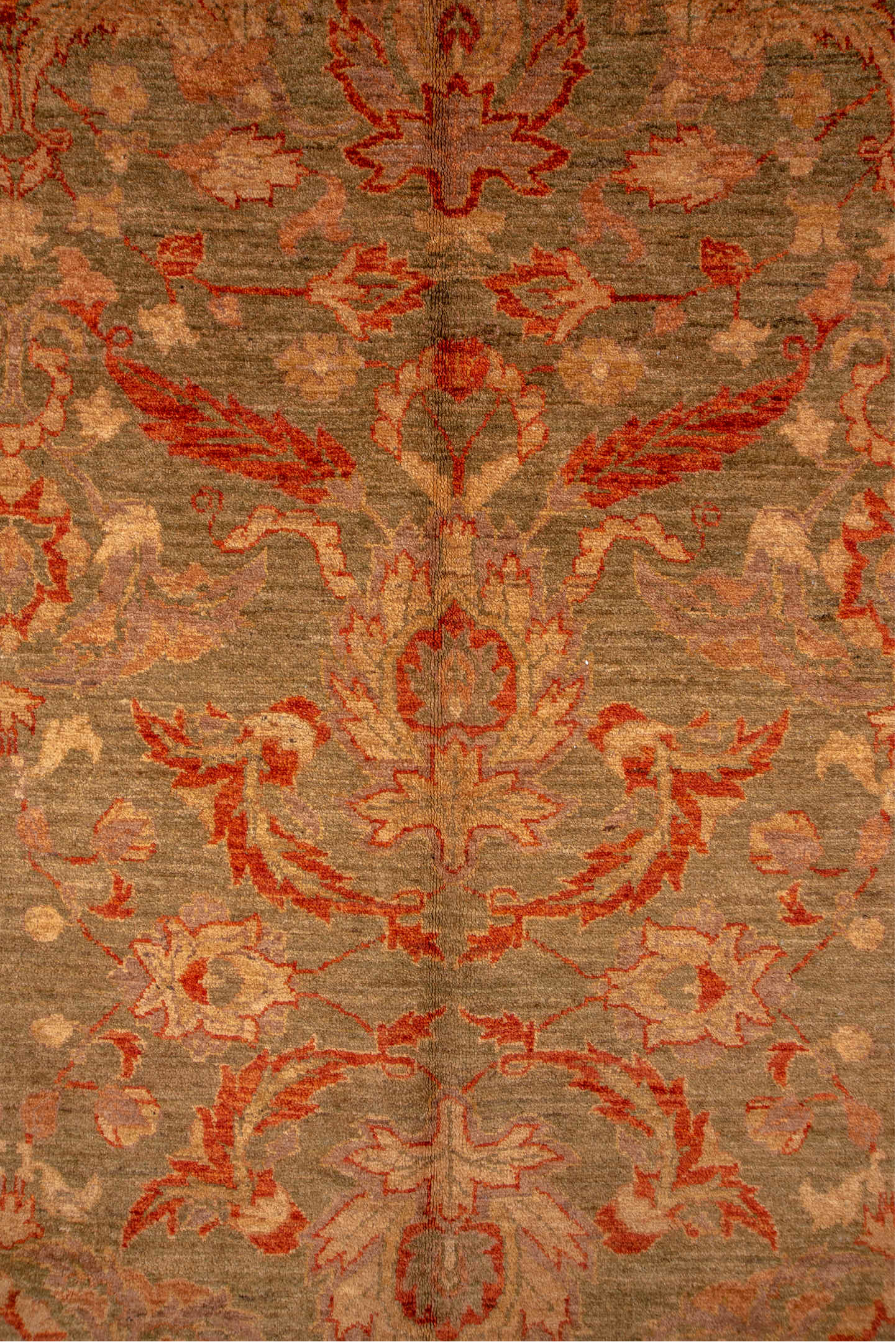 9' x 13' one-of-a-kind handmade vintage Sultanabad large size rug. Color palette: taupe, rust, beige, olive, camel