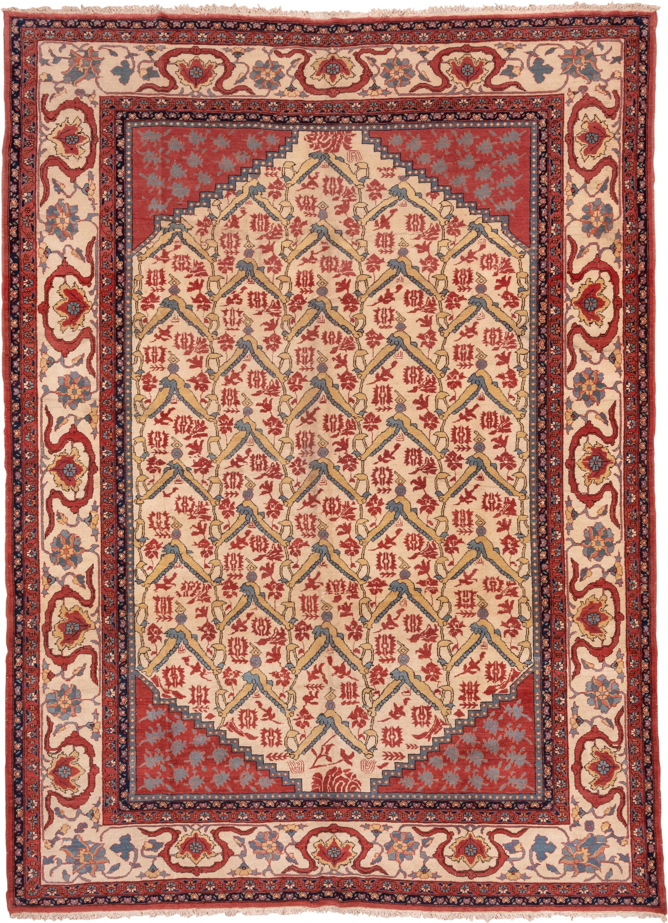 10' x 14' one-of-a-kind handmade vintage Serapi large size rug. Color palette: ivory, rust, indigo, soft blue, brick, camel