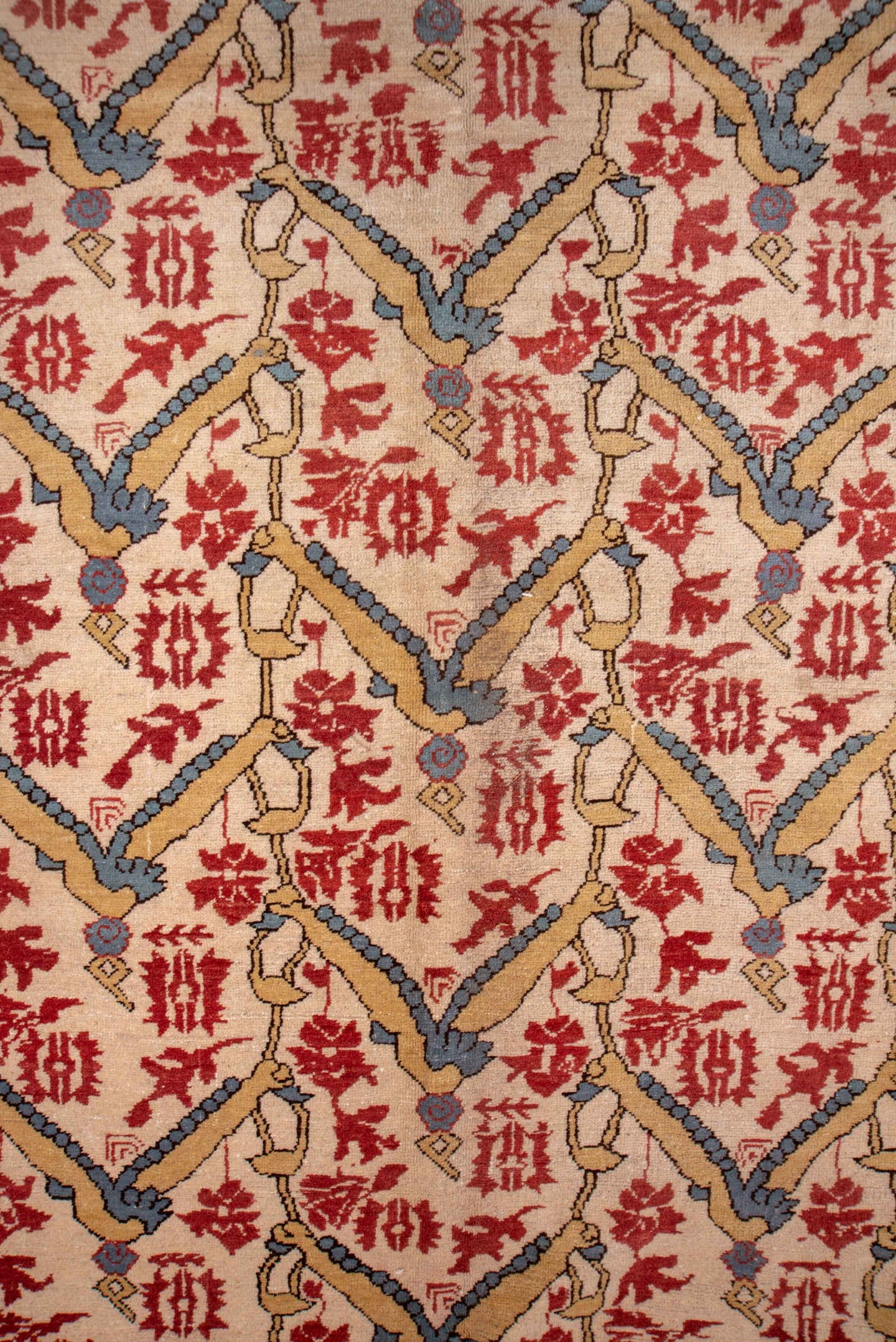 10' x 14' one-of-a-kind handmade vintage Serapi large size rug. Color palette: ivory, rust, indigo, soft blue, brick, camel