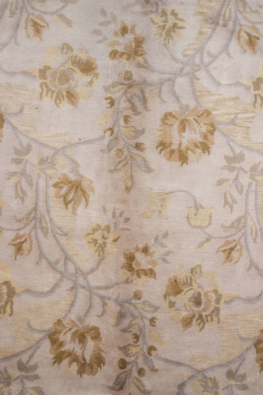 9' x 13' one-of-a-kind handmade vintage India large size rug. Color palette: ivory, taupe, camel, beige, sand, light blue