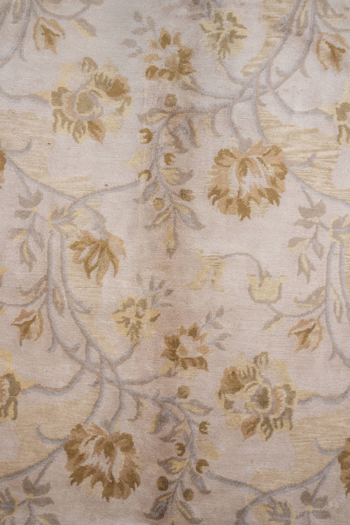 9' x 13' one-of-a-kind handmade vintage India large size rug. Color palette: ivory, taupe, camel, beige, sand, light blue