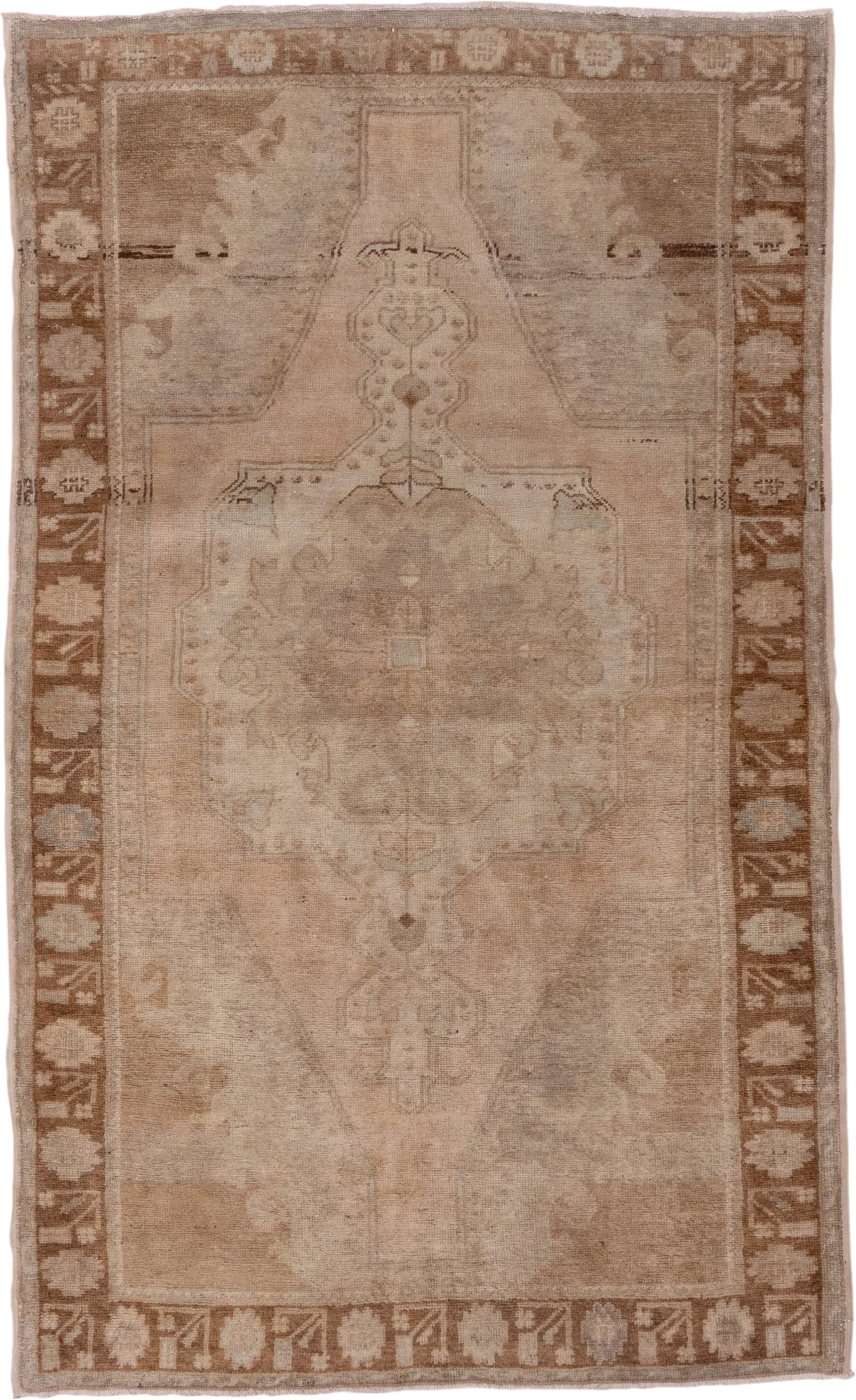 4' x 7' one-of-a-kind handmade vintage Oushak rug. Color palette: tan, taupe, ivory, camel, beige, brown, gray