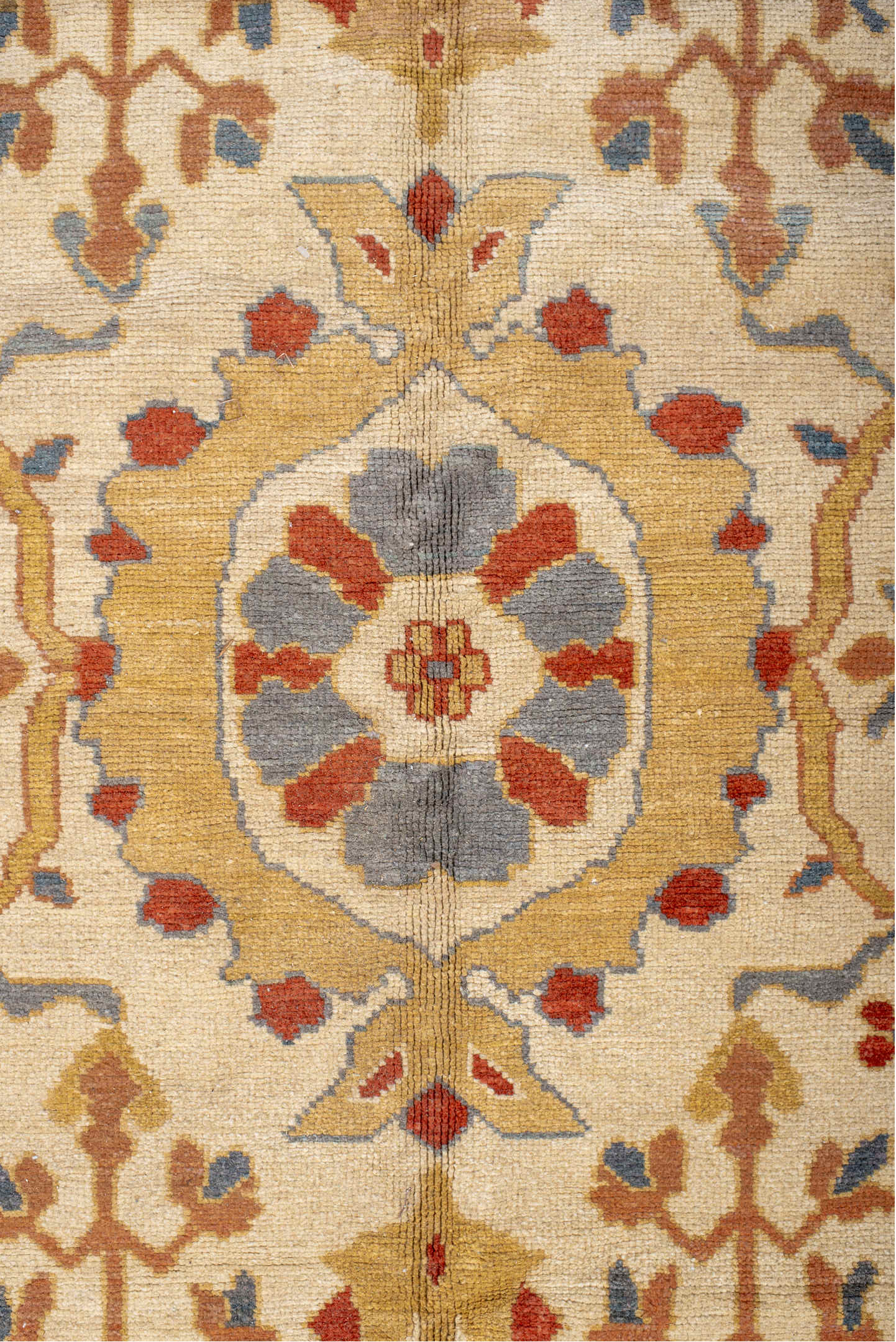 12' x 18' one-of-a-kind handmade vintage Sultanabad oversize rug. Color palette: ivory, powder blue, camel, rust, gold