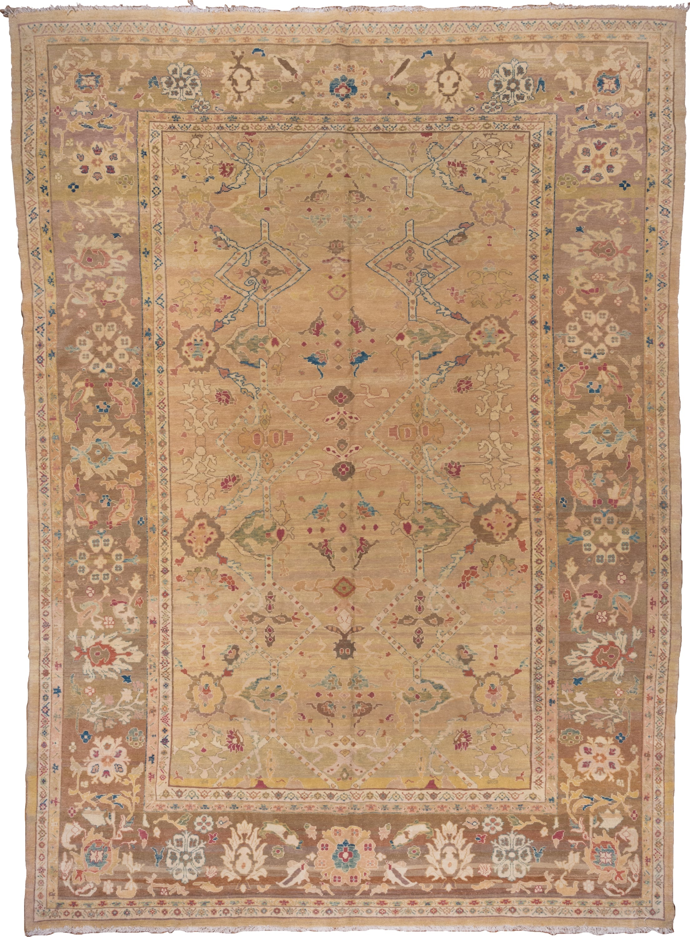 11' x 16' one-of-a-kind handmade vintage Sultanabad oversize rug. Color palette: camel, taupe, beige, ivory, sage