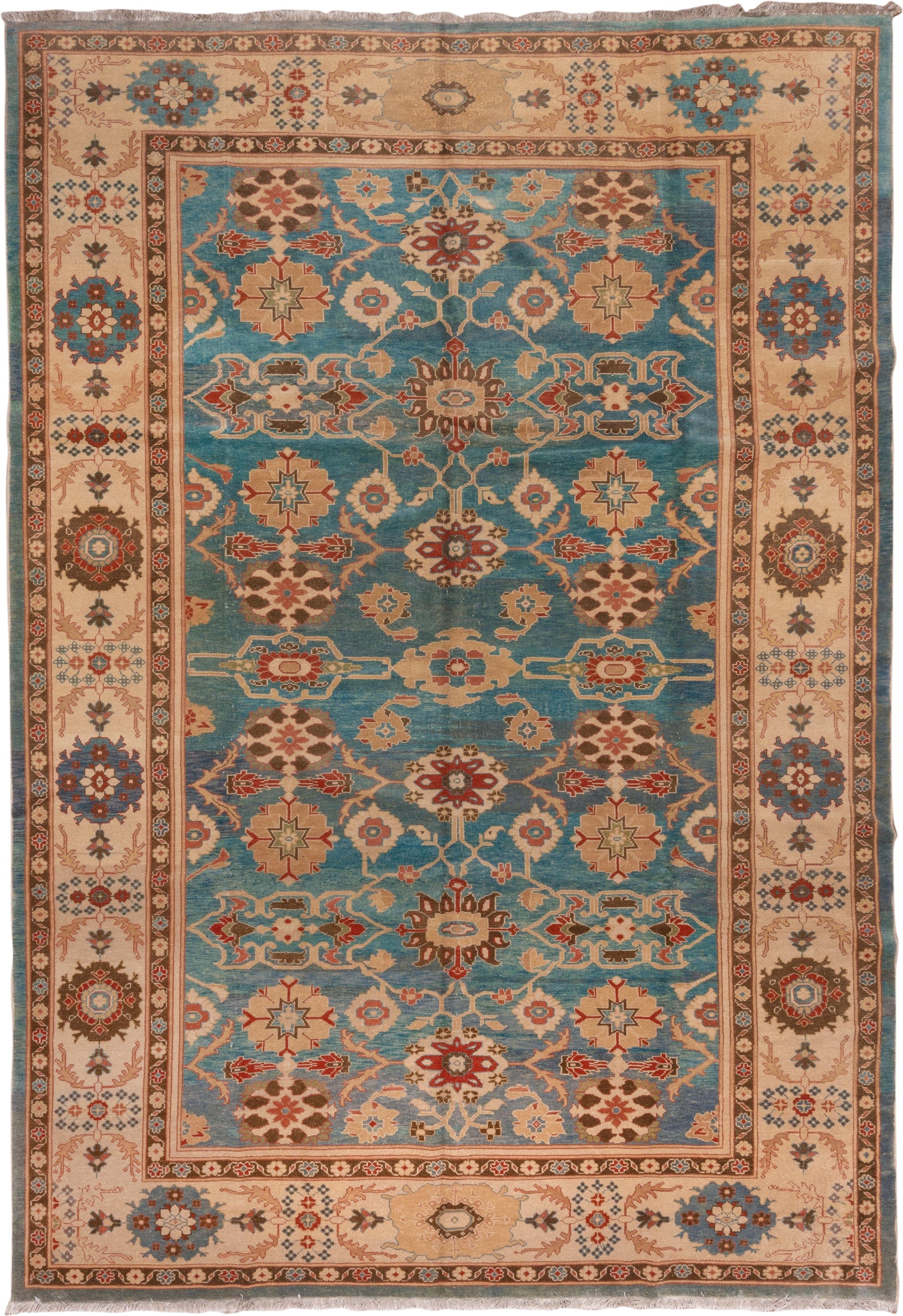9' x 13' one-of-a-kind handmade vintage Sultanabad large size rug. Color palette: blue, ivory, camel, rust, brown, teal