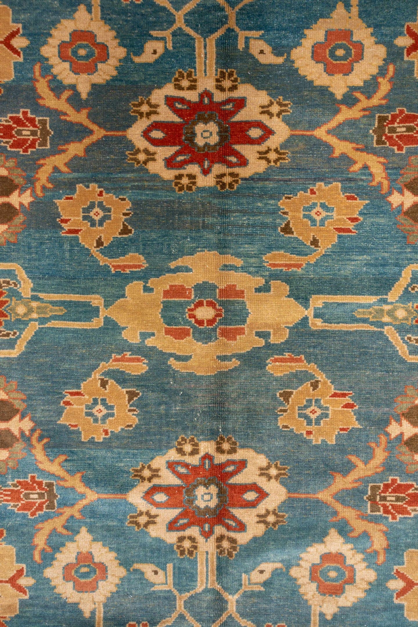 9' x 13' one-of-a-kind handmade vintage Sultanabad large size rug. Color palette: blue, ivory, camel, rust, brown, teal