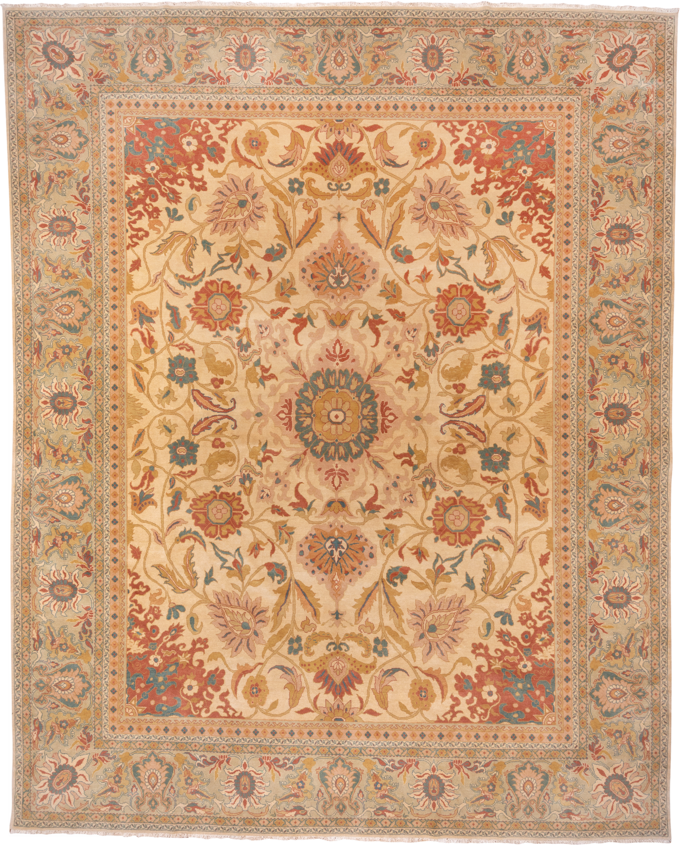 13' x 16' one-of-a-kind handmade vintage Sultanabad oversize rug. Color palette: ivory, beige, terra cotta, sage, gold, teal