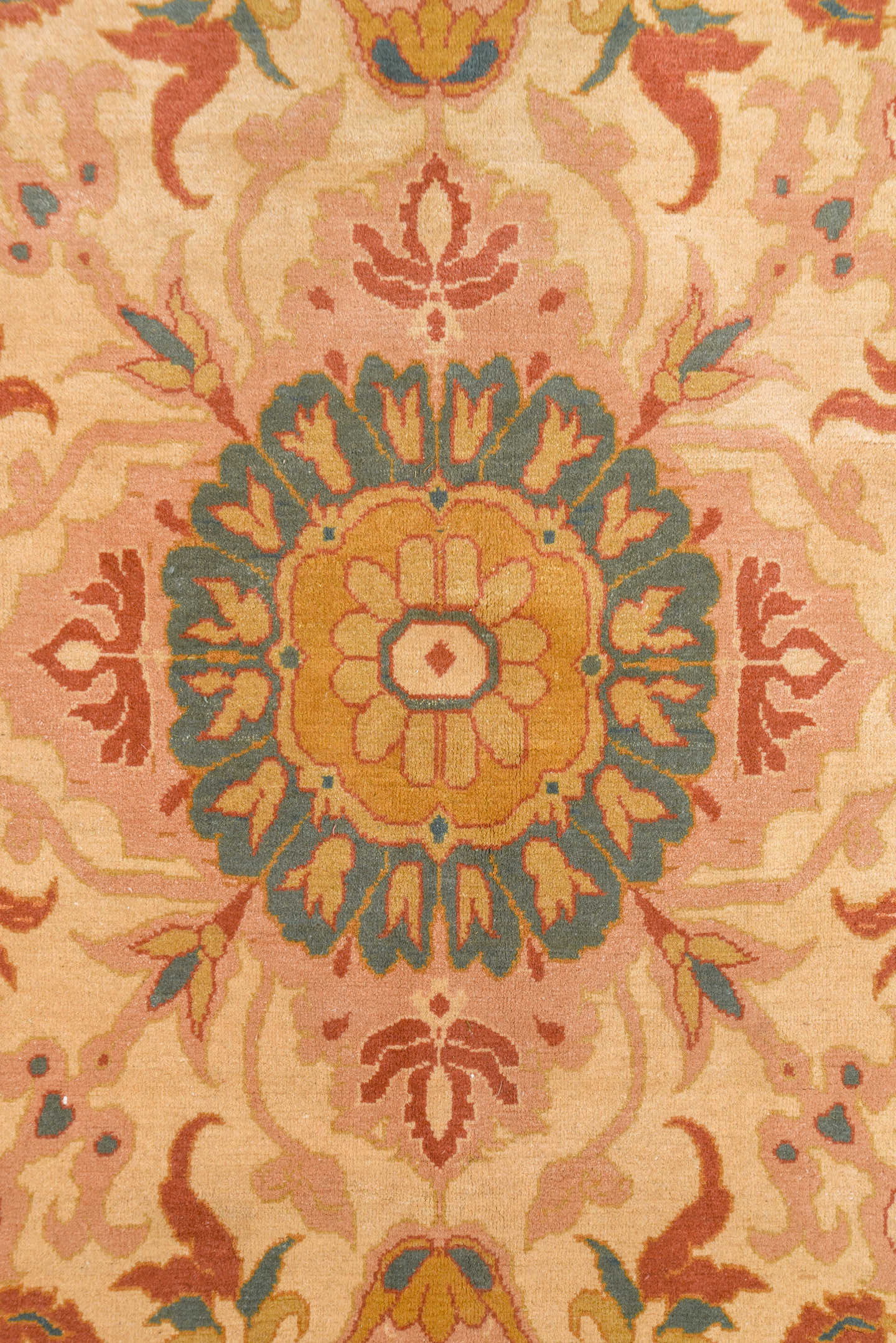 13' x 16' one-of-a-kind handmade vintage Sultanabad oversize rug. Color palette: ivory, beige, terra cotta, sage, gold, teal