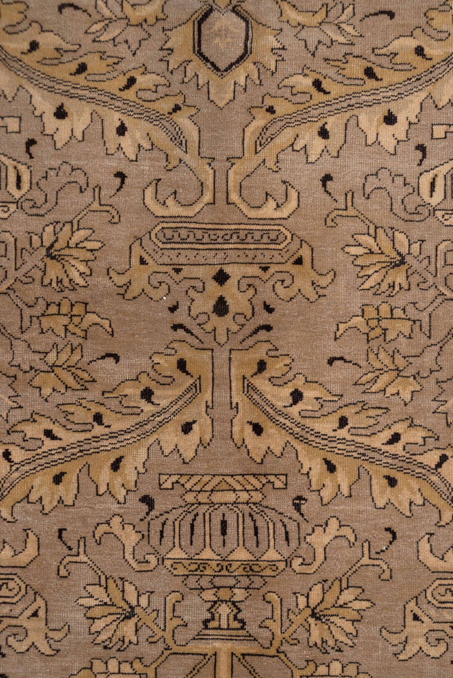 10' x 13' one-of-a-kind handmade vintage Khotan large size rug. Color palette: taupe, beige, camel, brown, ivory, charcoal
