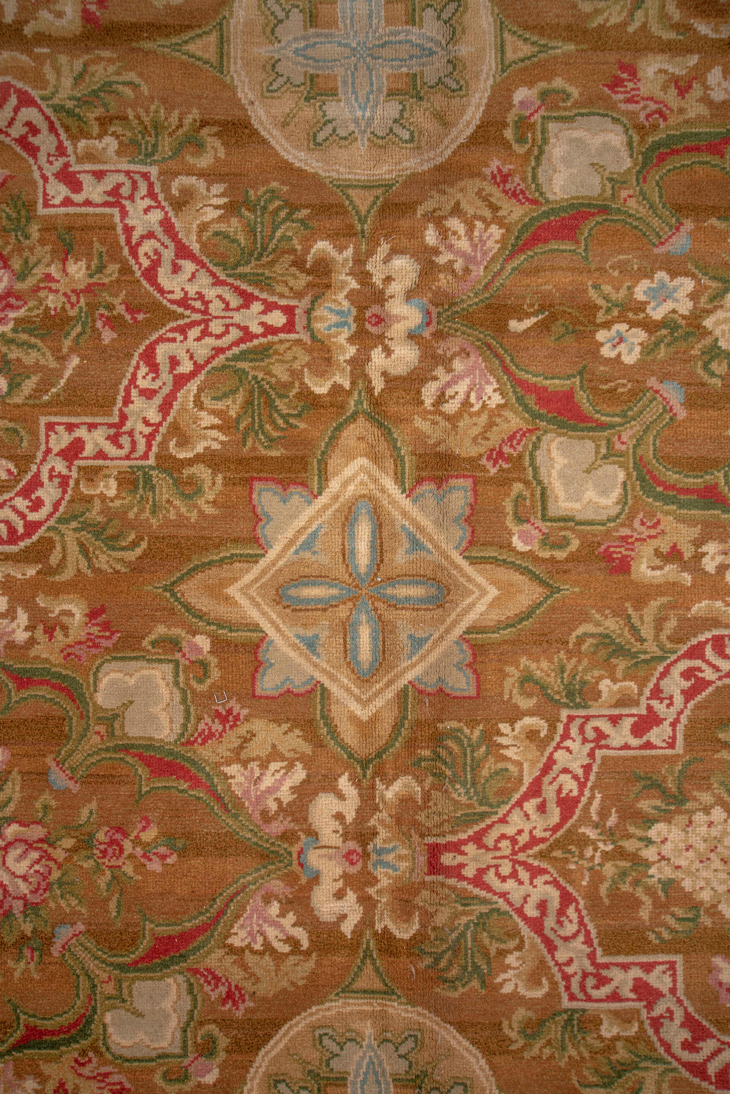 9' x 11' one-of-a-kind handmade vintage Savonnerie large size rug. Color palette: camel, rose, ivory, powder_blue, sage